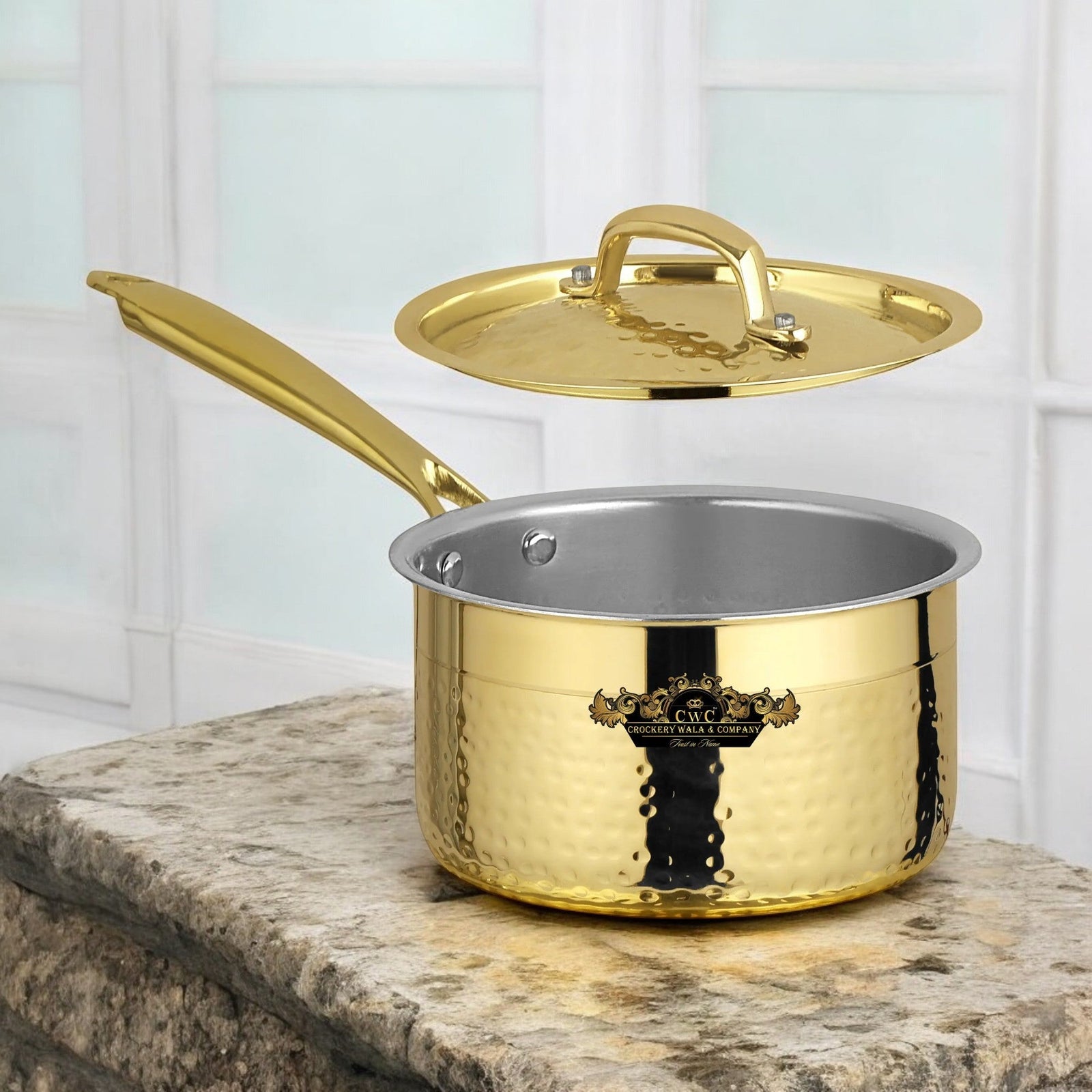 Pure Brass Sauce Pan With Kalai And Lid Hammered Finish - CROCKERY WALA AND COMPANY