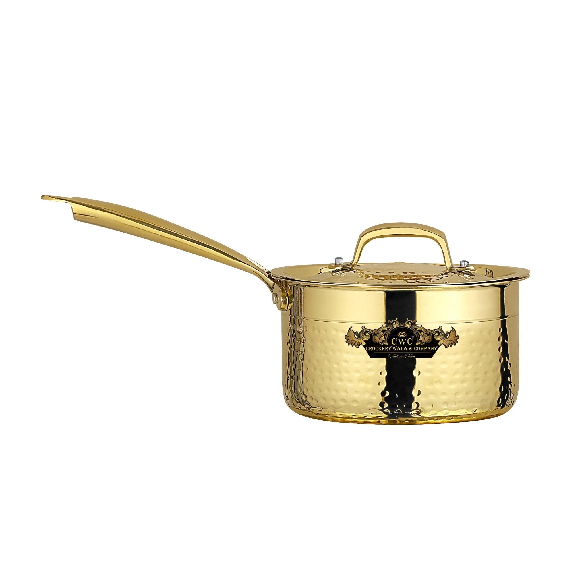 Pure Brass Sauce Pan With Kalai And Lid Hammered Finish - CROCKERY WALA AND COMPANY