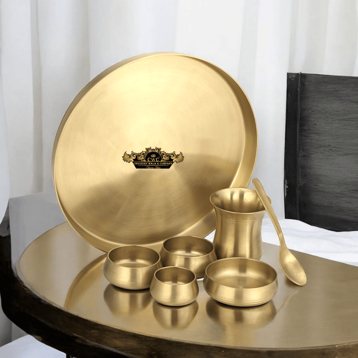 Pure Brass Thali set Curved Matte Finish 7 pcs - CROCKERY WALA AND COMPANY
