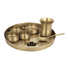 Pure Brass Thali set Curved Matte Finish 7 pcs - CROCKERY WALA AND COMPANY
