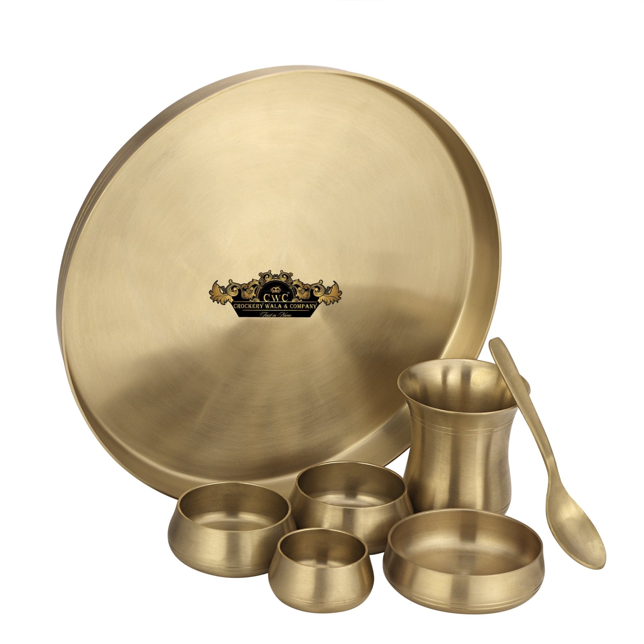 Pure Brass Thali set Curved Matte Finish 7 pcs - CROCKERY WALA AND COMPANY