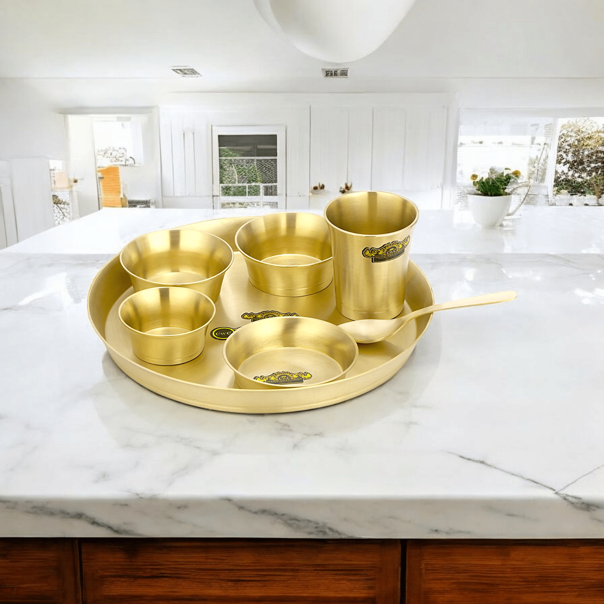 Pure Brass Thali Set Pari Matte Finish 7 Pieces Durable Stylish Design - CROCKERY WALA AND COMPANY