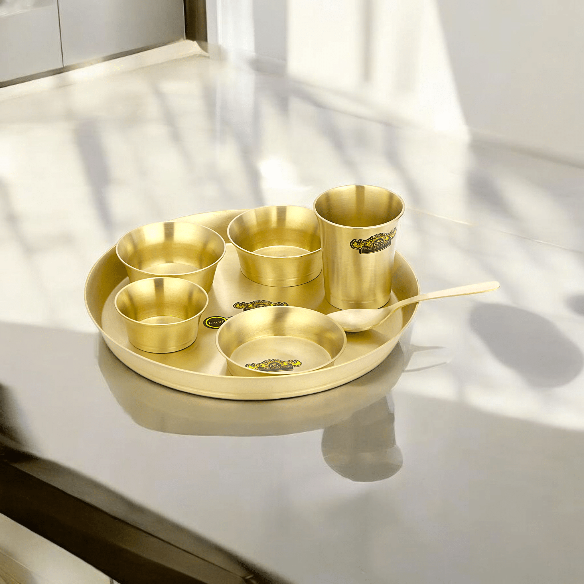 Pure Brass Thali Set Pari Matte Finish 7 Pieces Durable Stylish Design - CROCKERY WALA AND COMPANY