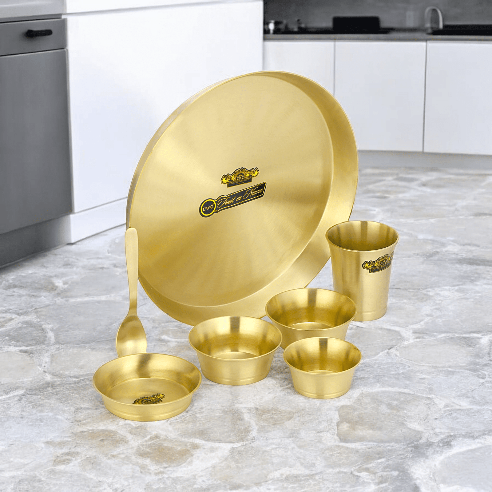 Pure Brass Thali Set Pari Matte Finish 7 Pieces Durable Stylish Design - CROCKERY WALA AND COMPANY