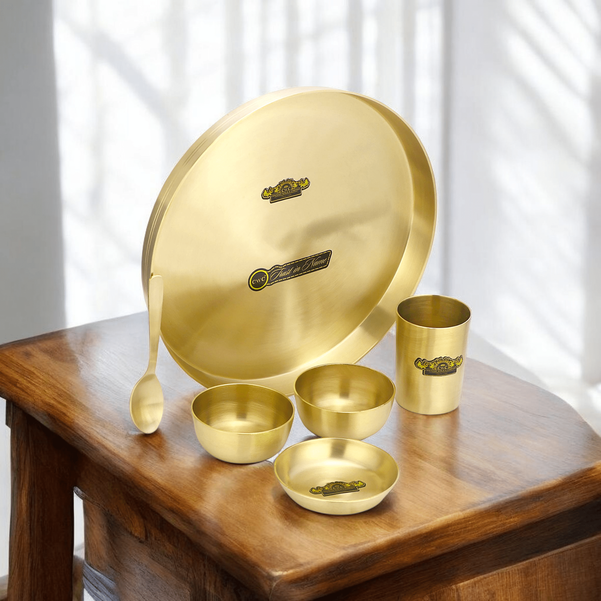 Pure Brass Thali Set Simple Matte Finish 6 Pieces - CROCKERY WALA AND COMPANY