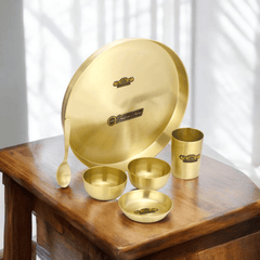 Pure Brass Thali Set Simple Matte Finish 6 Pieces - CROCKERY WALA AND COMPANY