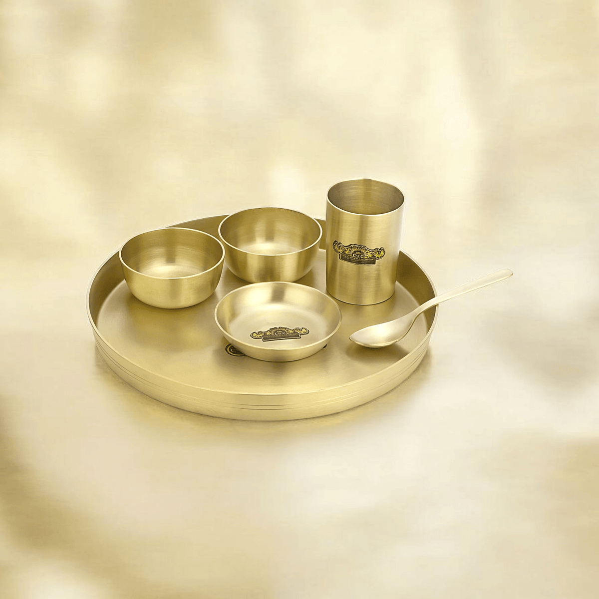 Pure Brass Thali Set Simple Matte Finish 6 Pieces - CROCKERY WALA AND COMPANY