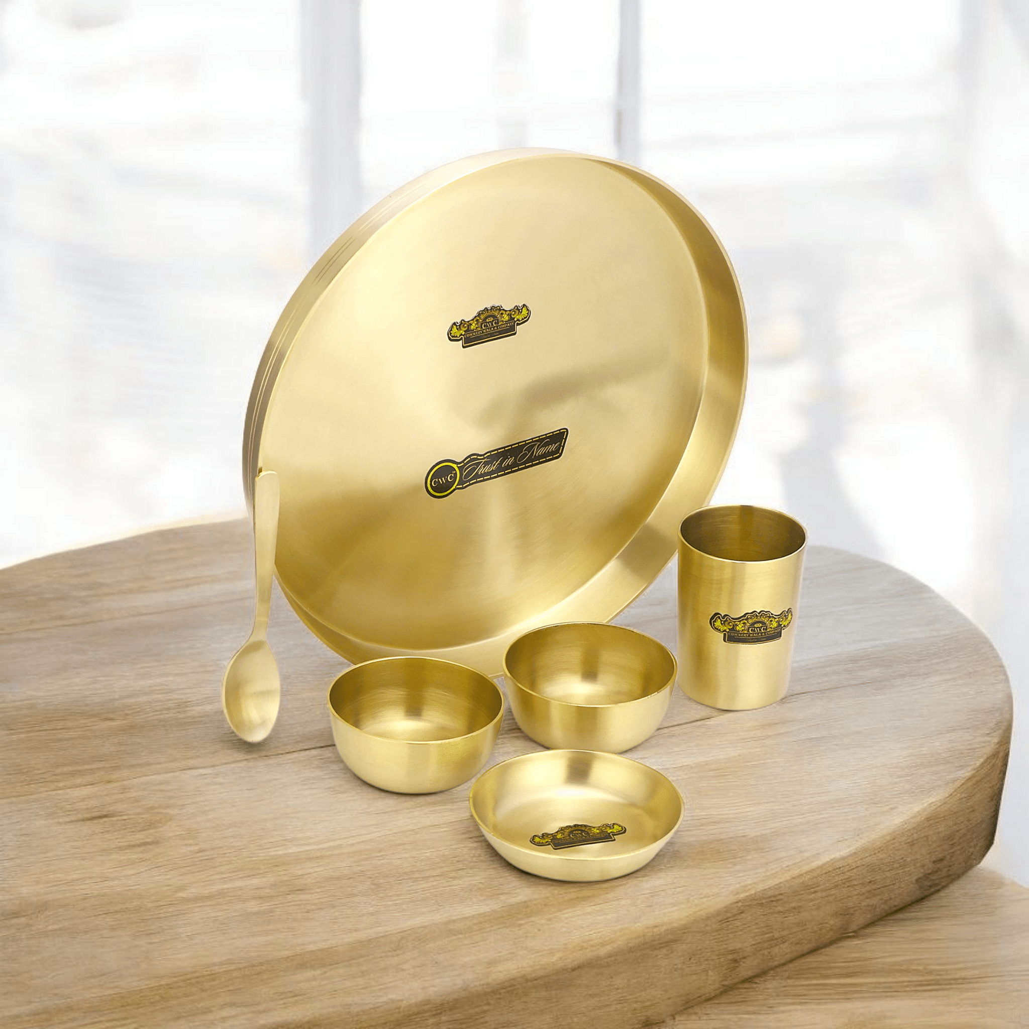 Pure Brass Thali Set Simple Matte Finish 6 Pieces - CROCKERY WALA AND COMPANY