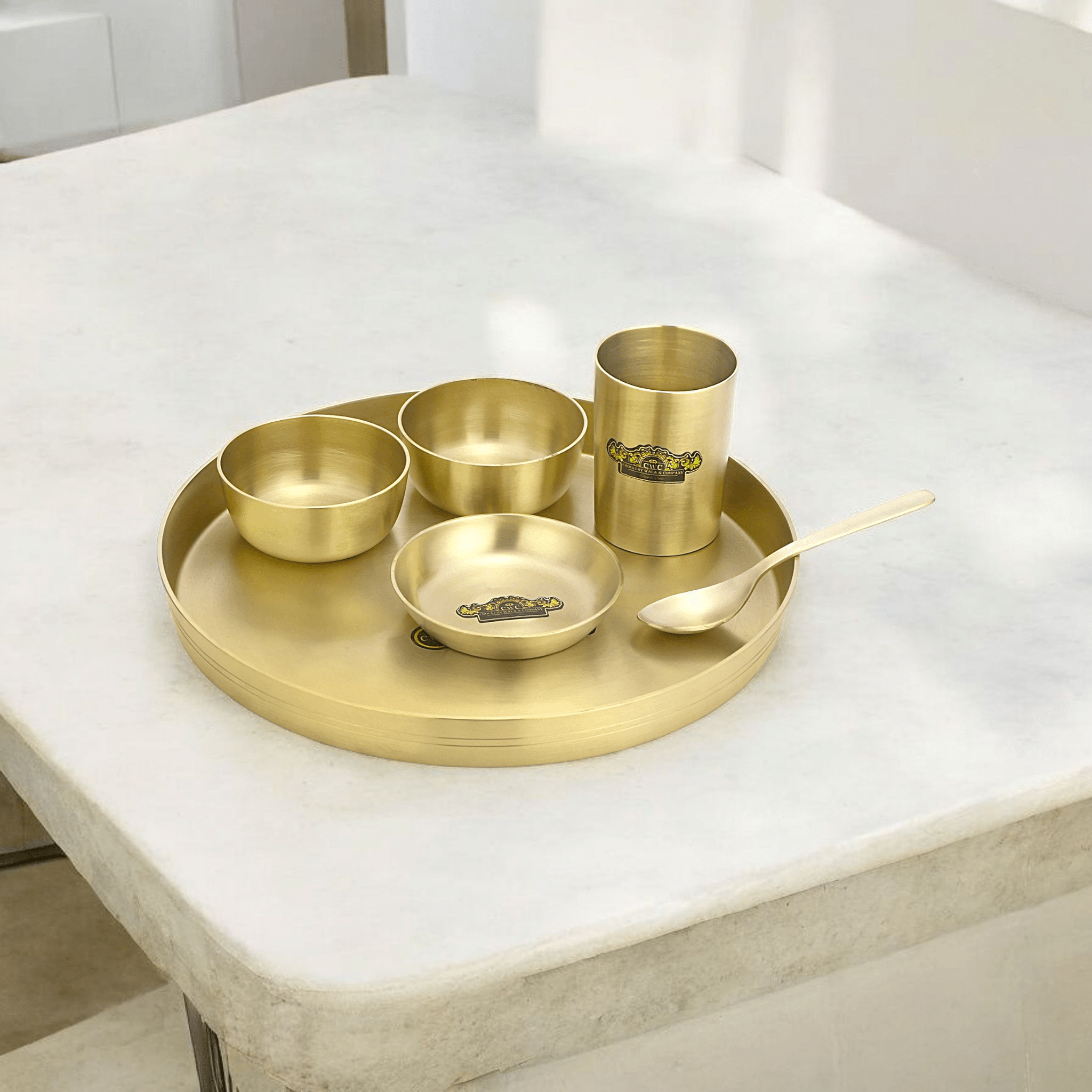 Pure Brass Thali Set Simple Matte Finish 6 Pieces - CROCKERY WALA AND COMPANY
