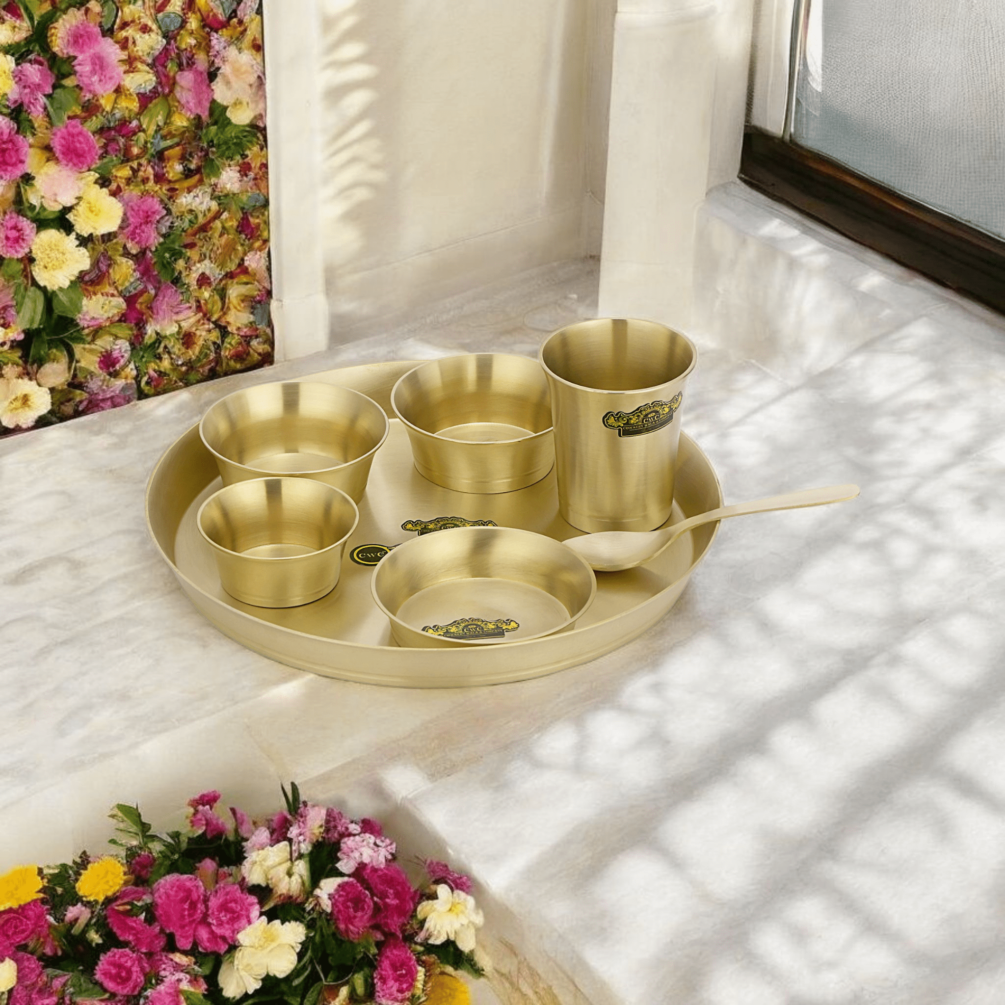 Pure Bronze Unique Matte Finish Thali Set 7 Pieces Durable Modern Design 80:20 - CROCKERY WALA AND COMPANY