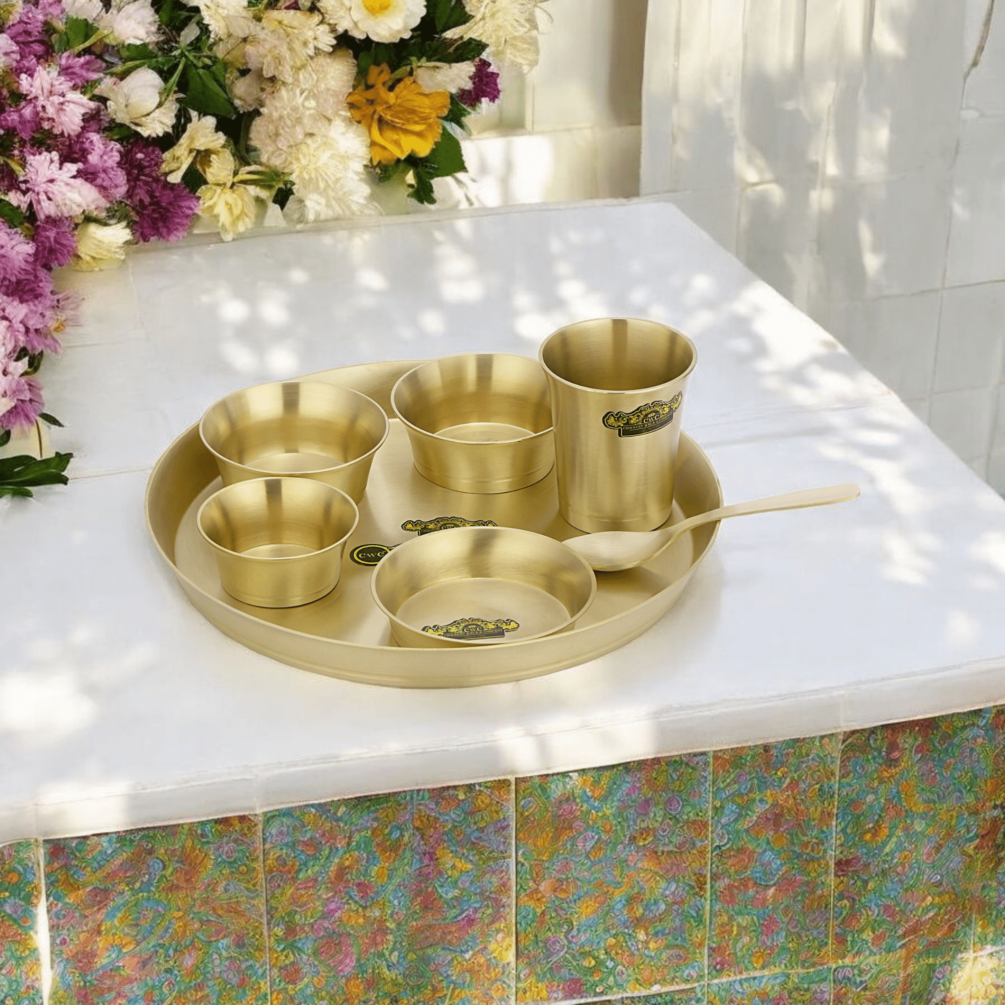 Pure Bronze Unique Matte Finish Thali Set 7 Pieces Durable Modern Design 80:20 - CROCKERY WALA AND COMPANY