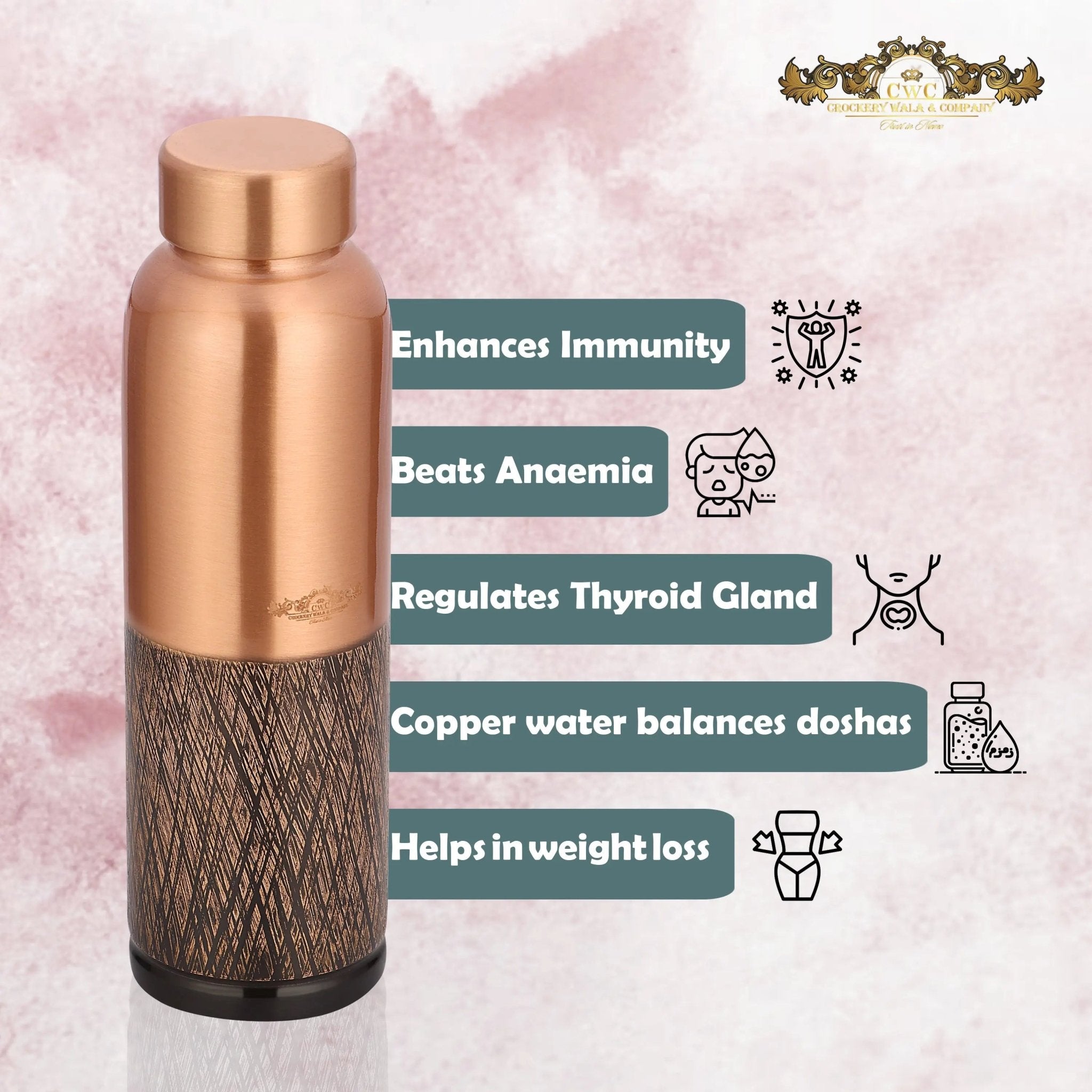 Pure Copper Bottle Vintage Half Antique Chic Hydration - CROCKERY WALA AND COMPANY