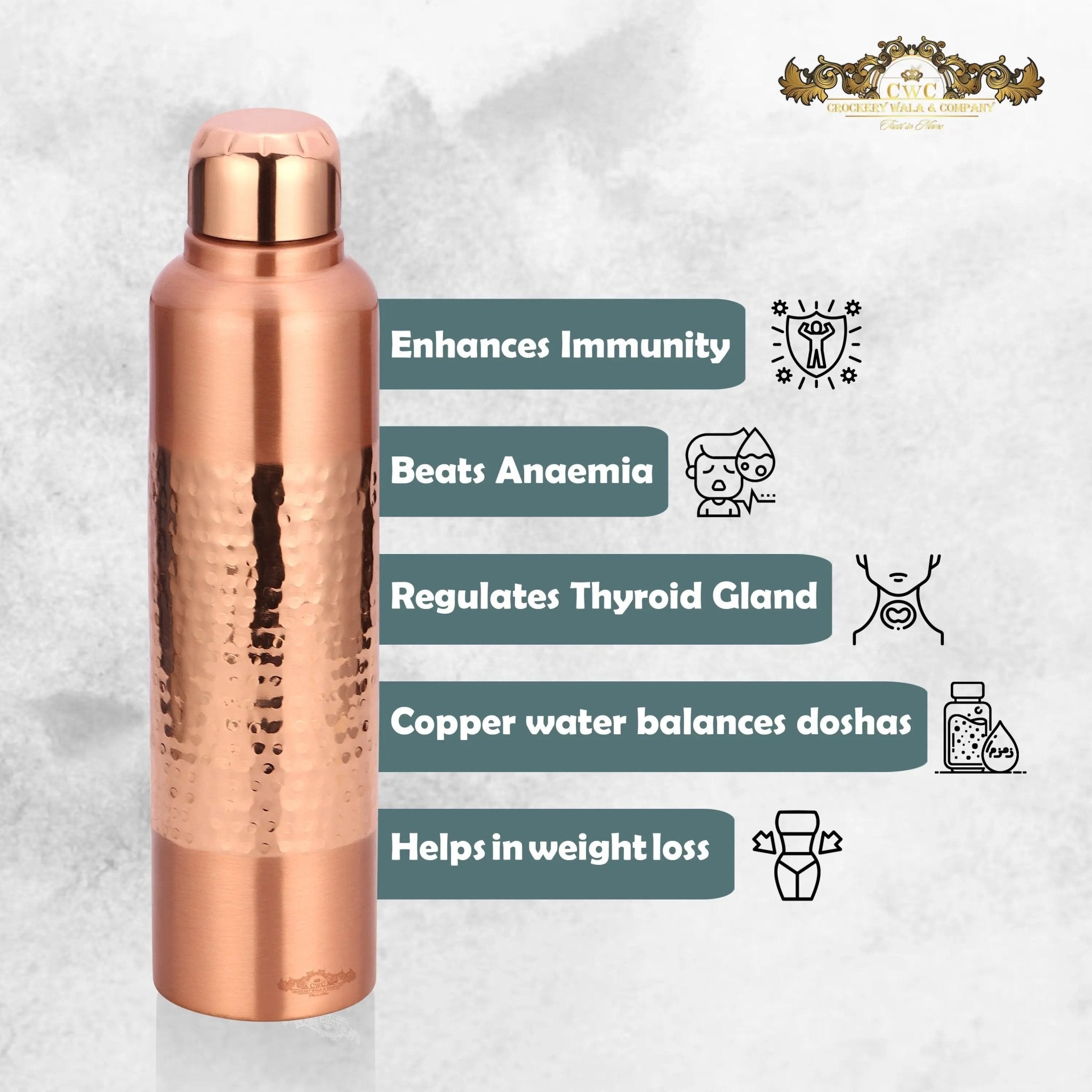 Pure Copper Bottle Vintage Half Designer for Elegant Hydration - CROCKERY WALA AND COMPANY