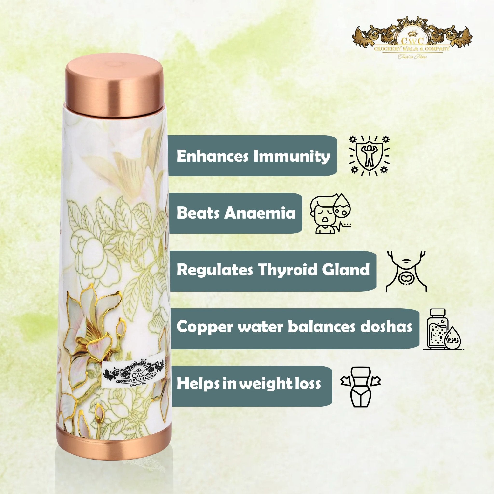 Pure Copper Bottle Vintage Meena Glossy Elegant Design - CROCKERY WALA AND COMPANY