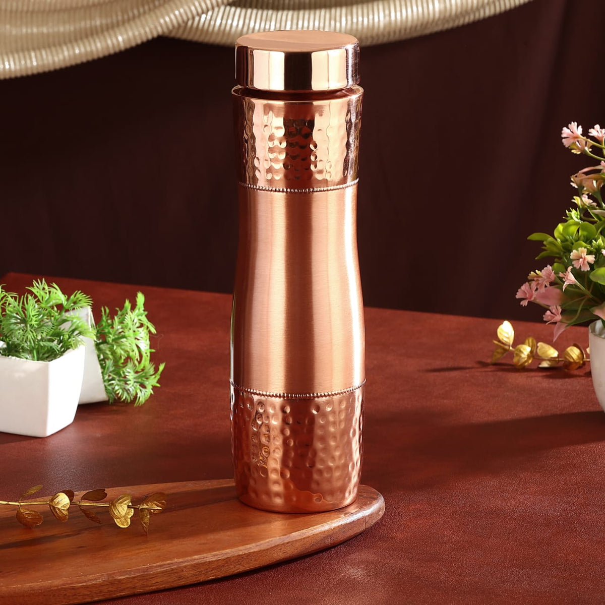 Pure Copper Curve Designer Water Bottle 1 Liter Handcrafted Copper Bottle - CROCKERY WALA AND COMPANY