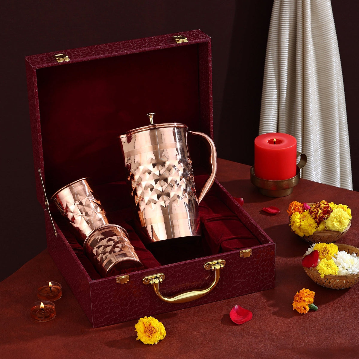Pure Copper Daimond Jug Set - CROCKERY WALA AND COMPANY