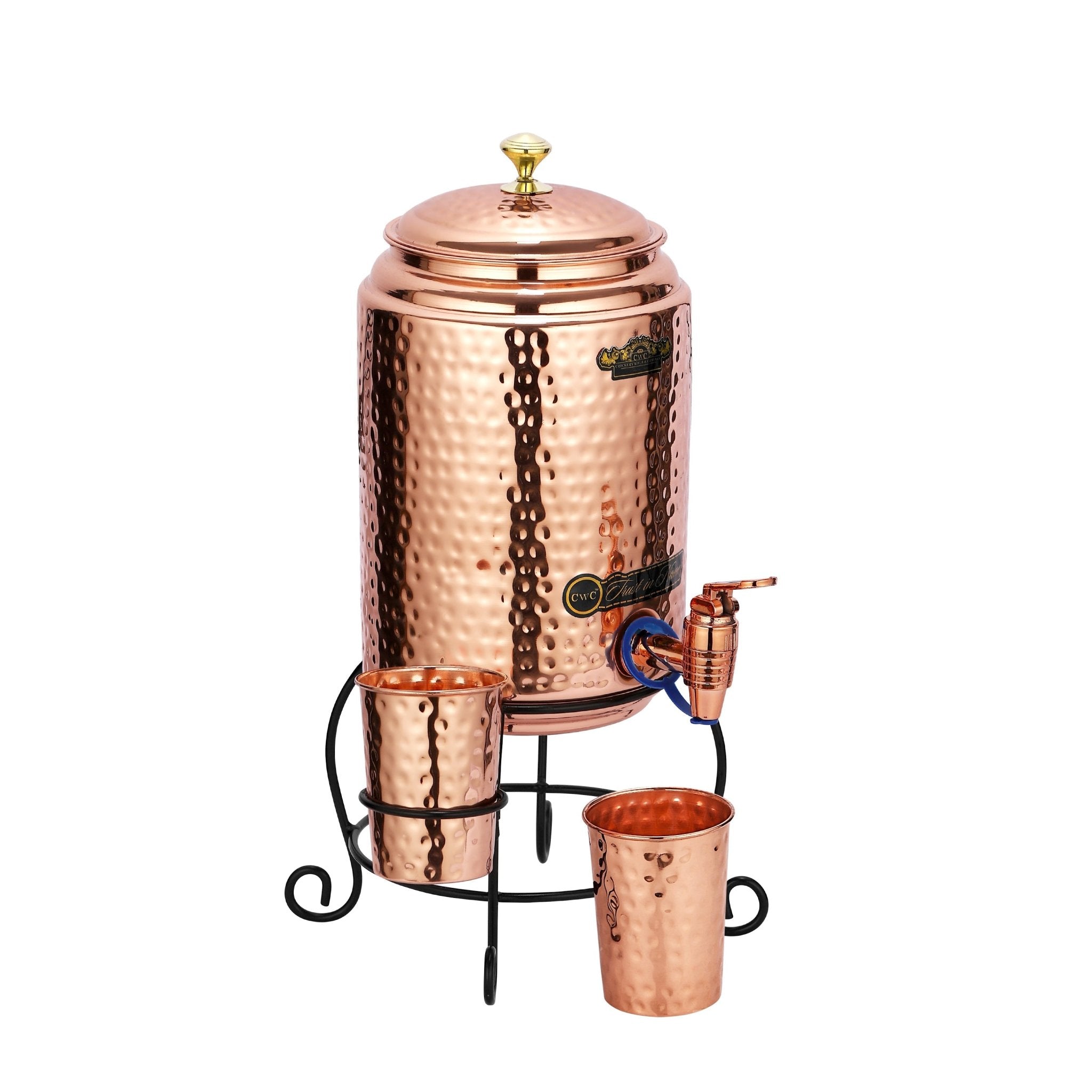 Pure Copper dispenser hammered finish with stand and 2 glass 5 litres - CROCKERY WALA AND COMPANY