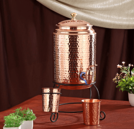 Pure Copper dispenser hammered finish with stand and 2 glass 5 litres - CROCKERY WALA AND COMPANY