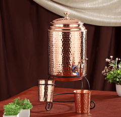 Pure Copper dispenser hammered finish with stand and 2 glass 5 litres - CROCKERY WALA AND COMPANY