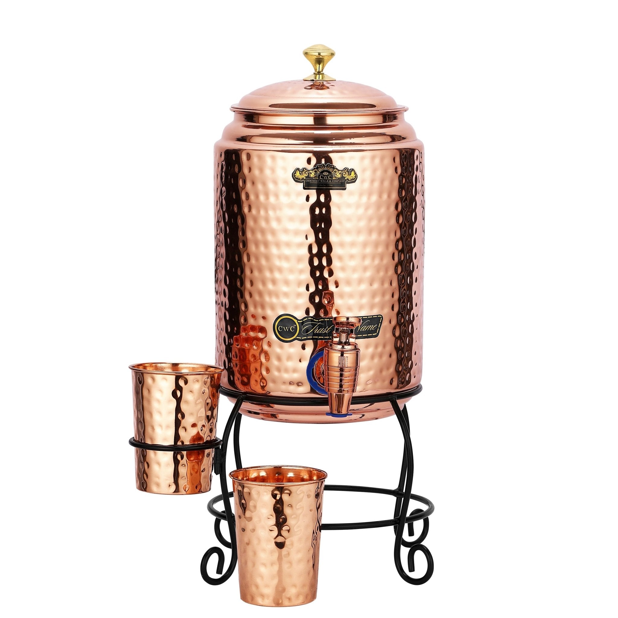 Pure Copper dispenser hammered finish with stand and 2 glass 5 litres - CROCKERY WALA AND COMPANY