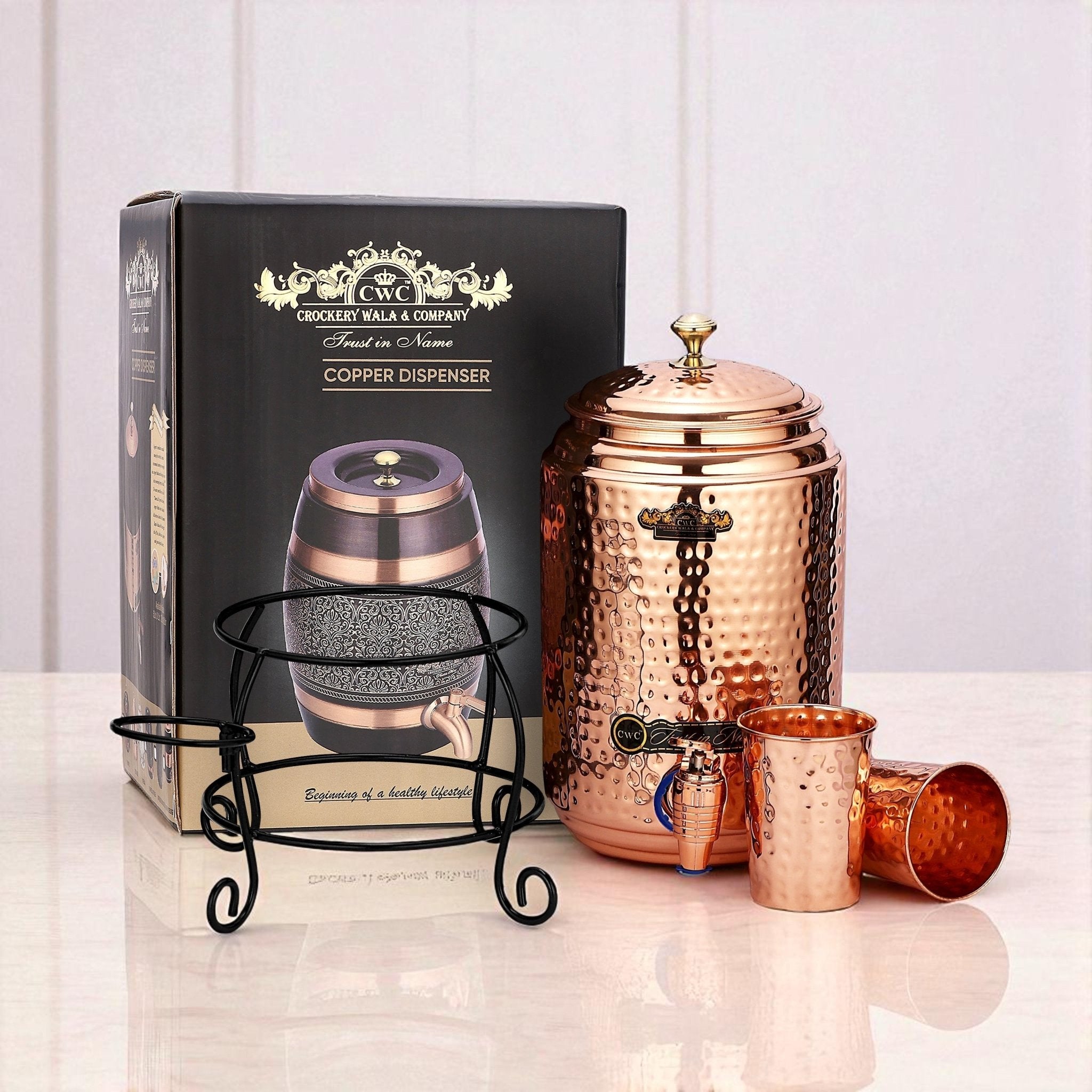 Pure Copper dispenser hammered finish with stand and 2 glass 5 litres - CROCKERY WALA AND COMPANY