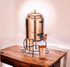 Pure Copper dispenser hammered finish with stand and 2 glass 5 litres - CROCKERY WALA AND COMPANY