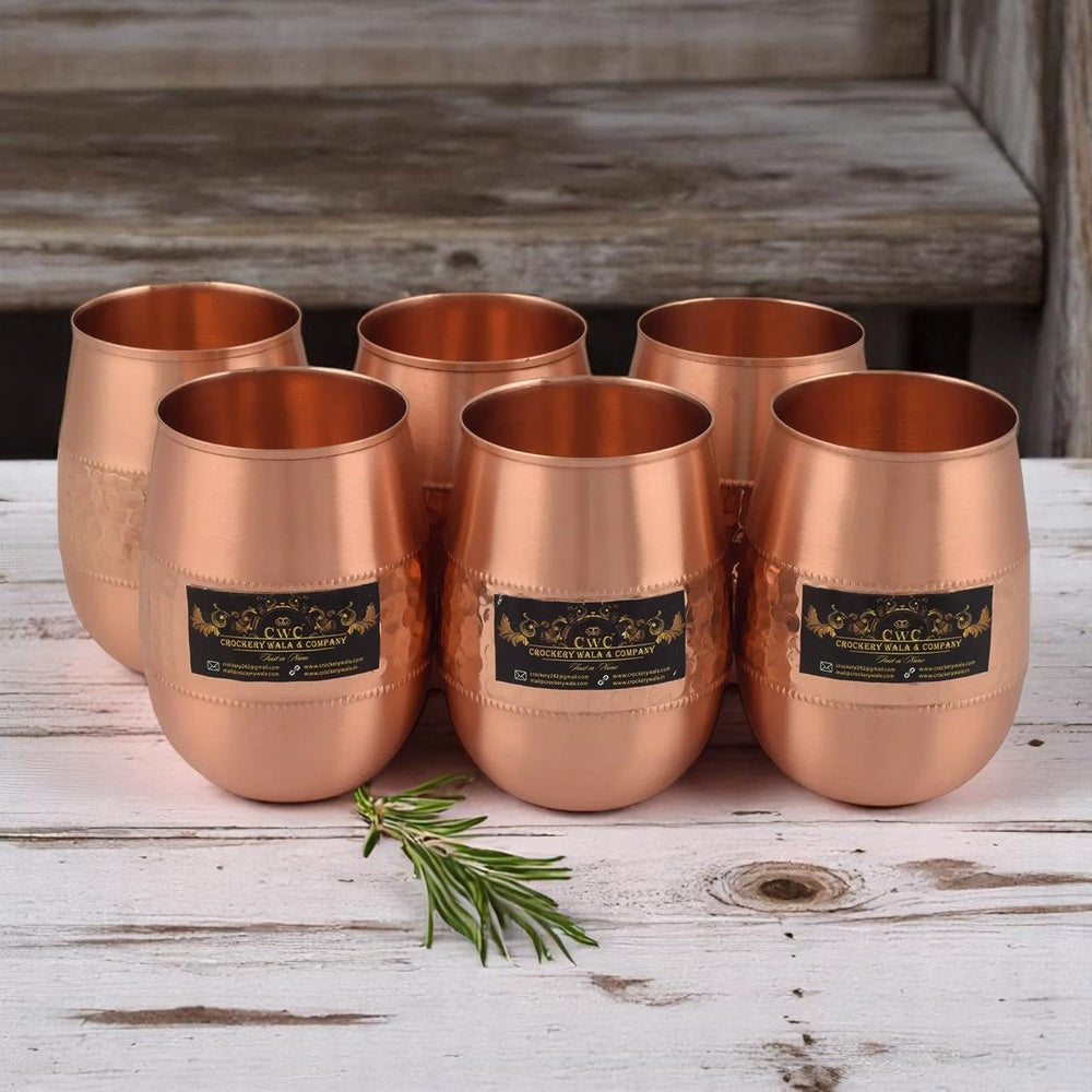 Pure Copper Glass Dholak Design Set of 6 for Wellness - CROCKERY WALA AND COMPANY