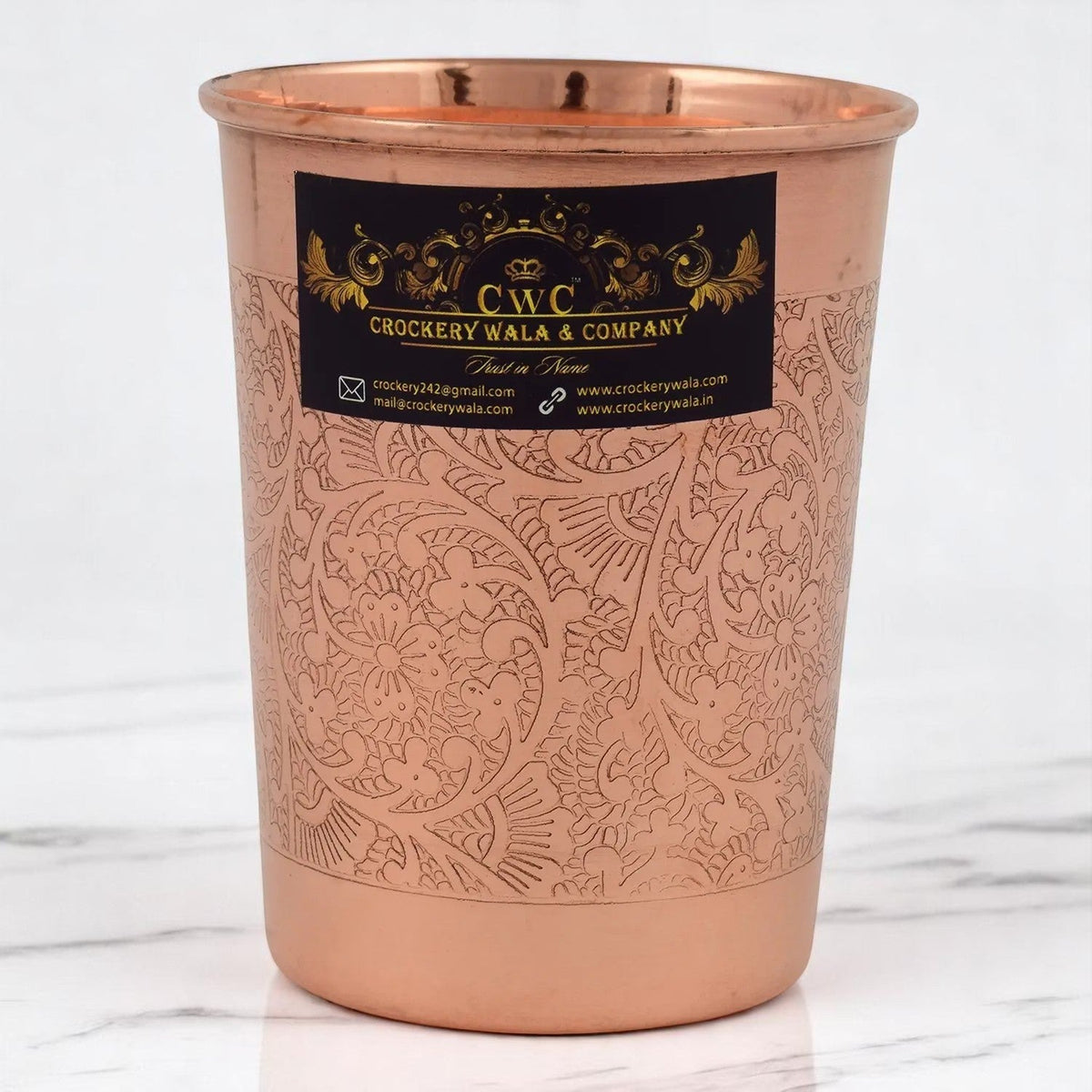 Pure Copper Glass Itching with Embossed Design 300ml - CROCKERY WALA AND COMPANY