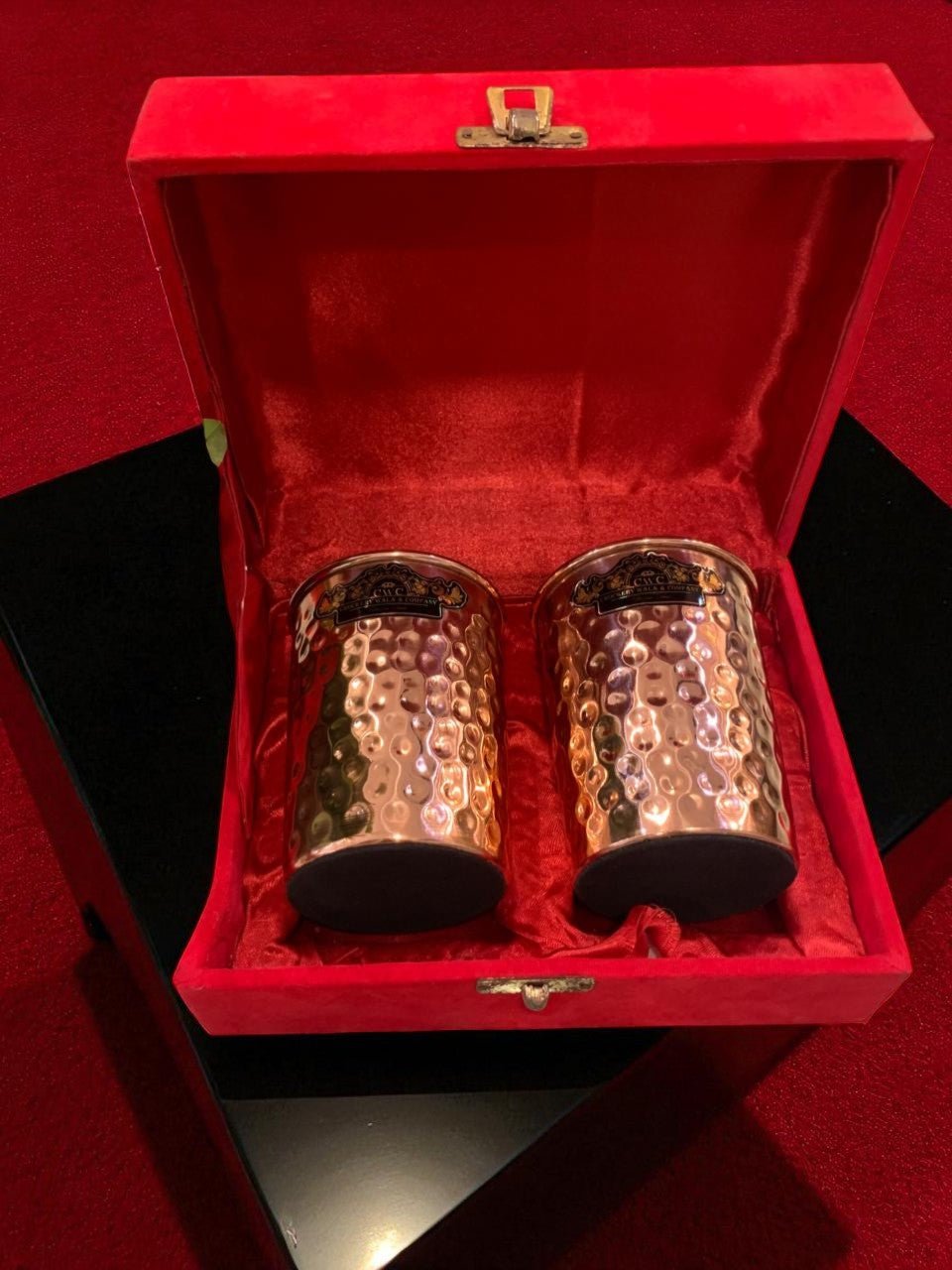 Pure Copper Hammered Design Glass Tumbler Set of 2 with Premium Velvet Box - CROCKERY WALA AND COMPANY