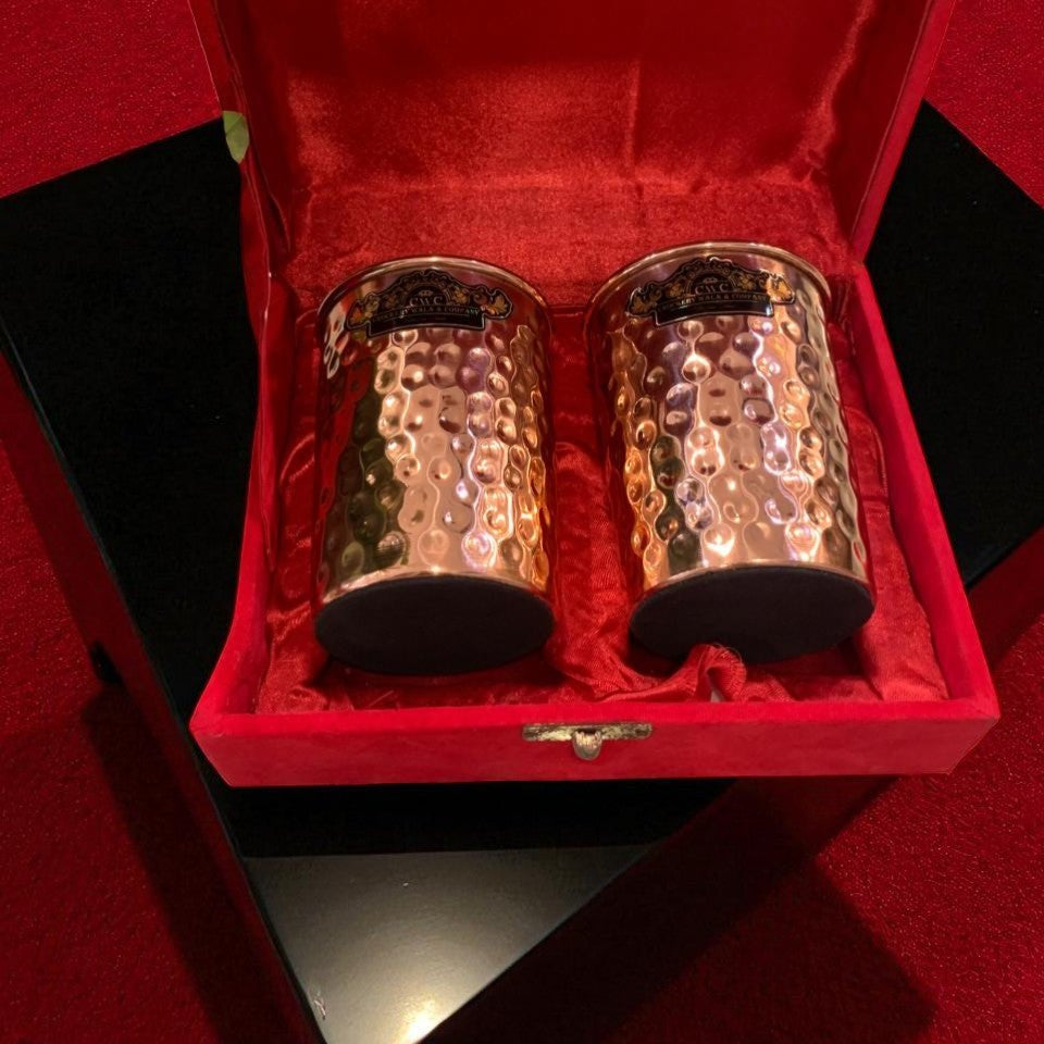 Pure Copper Hammered Design Glass Tumbler Set of 2 with Premium Velvet Box - CROCKERY WALA AND COMPANY