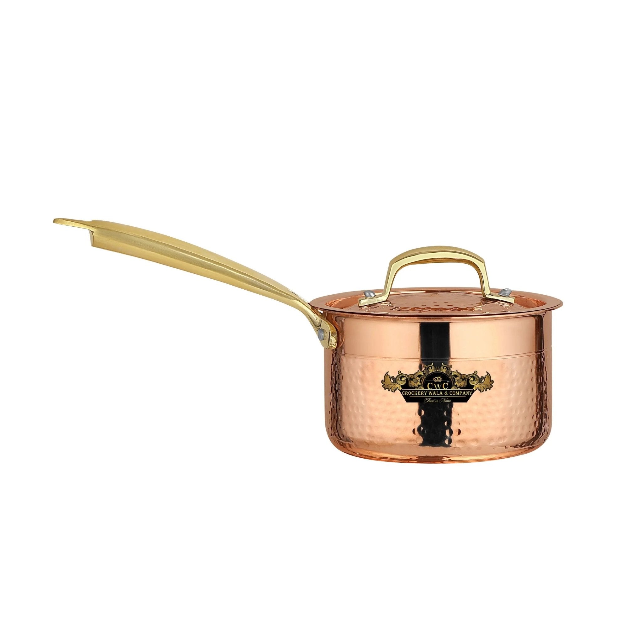 Pure Copper Sauce Pan With Kalai And Lid Hammered Finish - CROCKERY WALA AND COMPANY