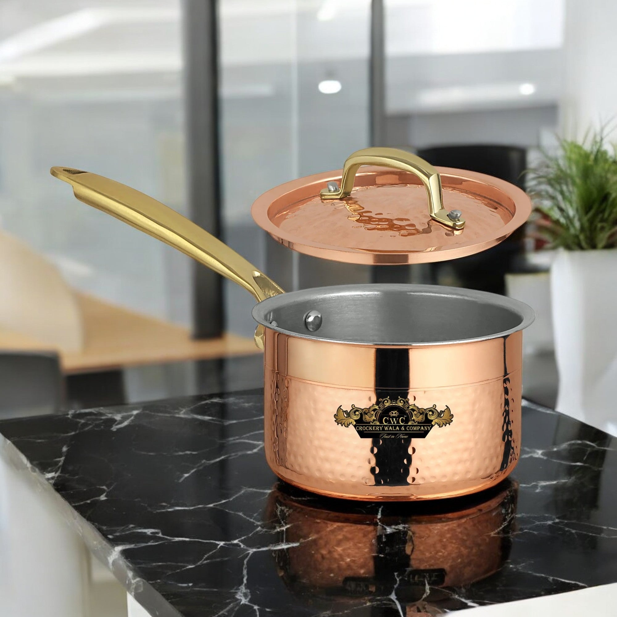 Pure Copper Sauce Pan With Kalai And Lid Hammered Finish - CROCKERY WALA AND COMPANY
