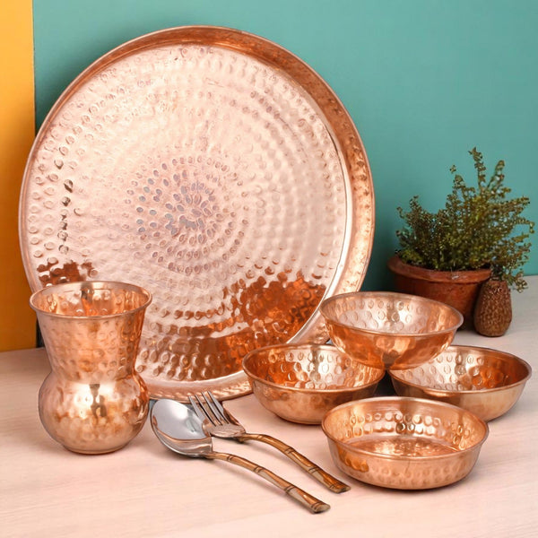 Pure Copper Thali Set of 8 Pcs Mughal Design Dinnerware - CROCKERY WALA AND COMPANY
