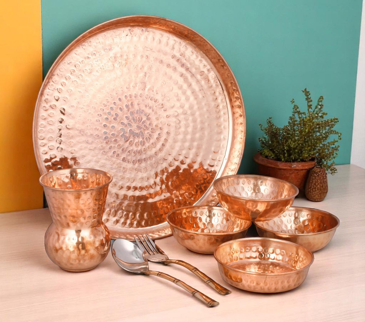 Pure Copper Thali Set of 8 Pcs Mughal Design Dinnerware - CROCKERY WALA AND COMPANY