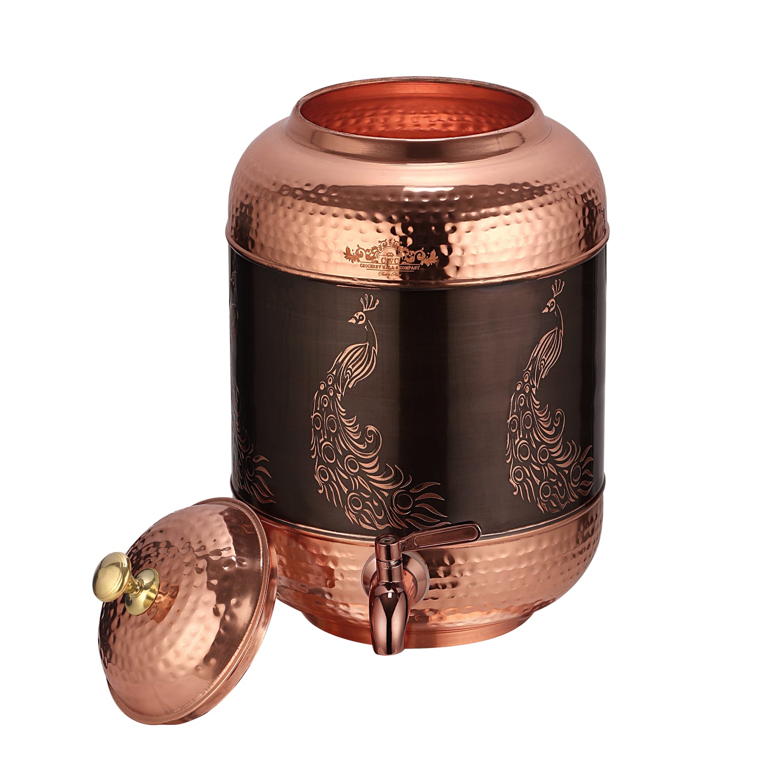 Pure Copper Water Dispenser Antique Itching Peacock Design 8 Litre - CROCKERY WALA AND COMPANY