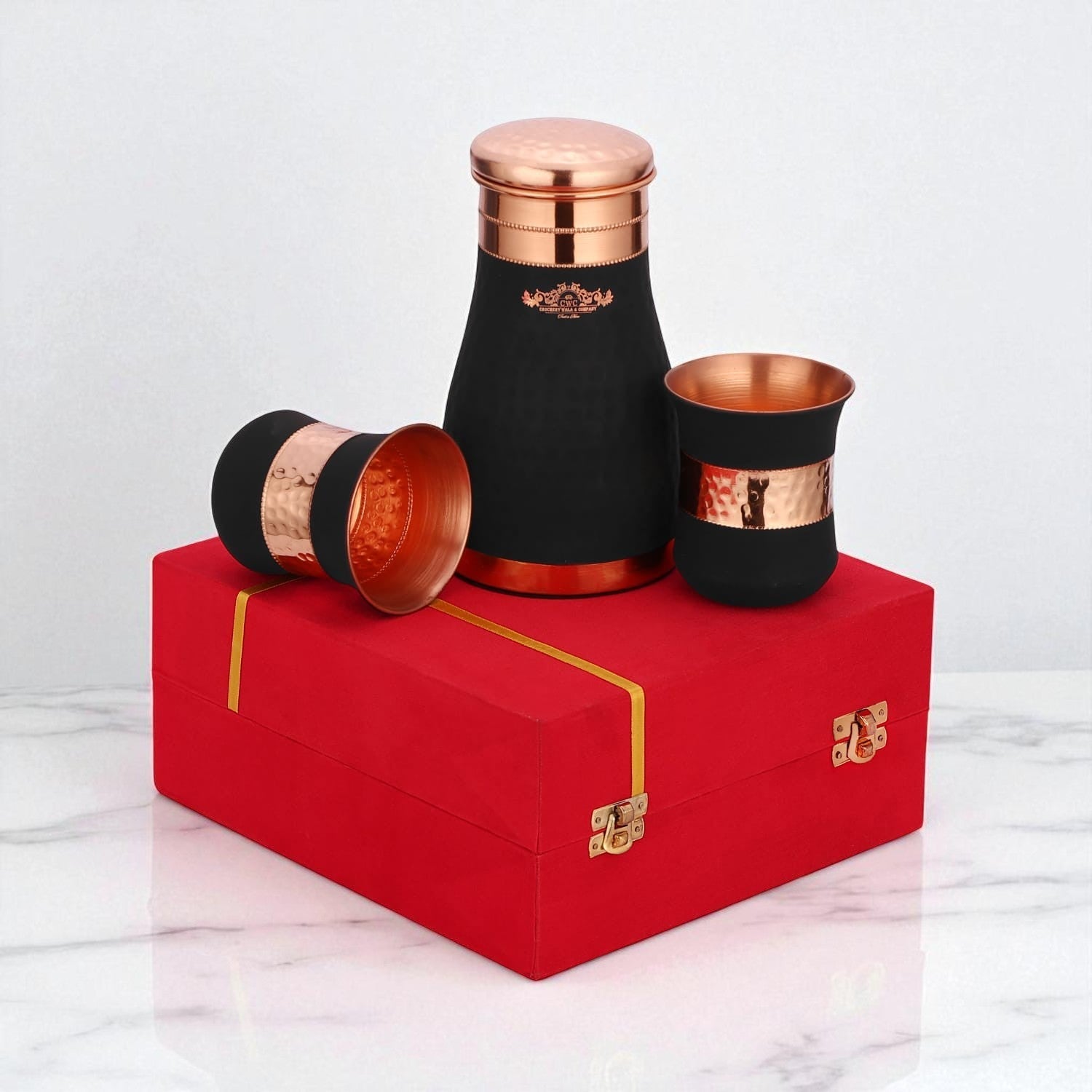 Pure Handcrafted Copper Bedside Jar Set with 2 Glasses - CROCKERY WALA AND COMPANY