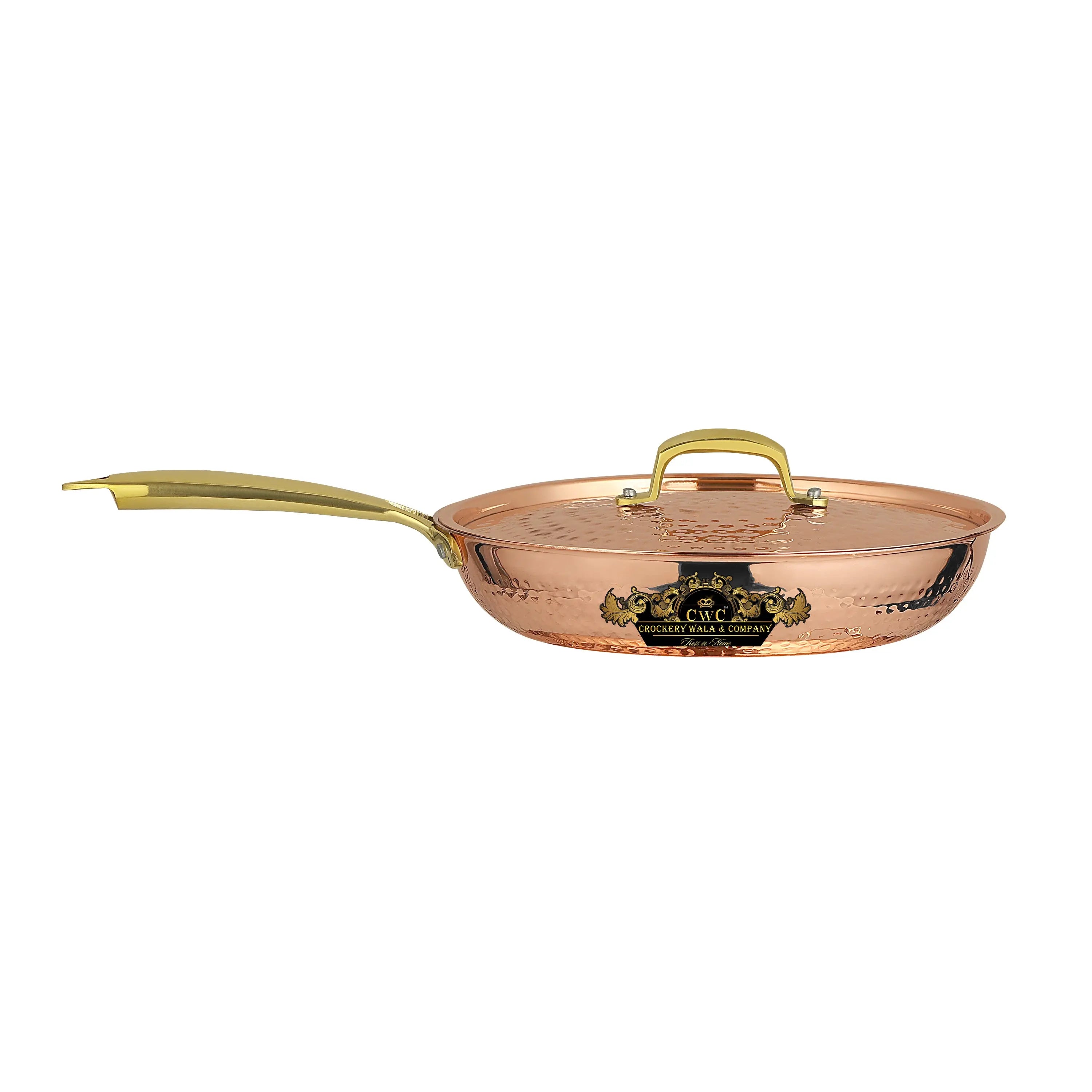 Pure copper frying pan with kalai premium finish with lid and hammered tone CROCKERY WALA AND COMPANY