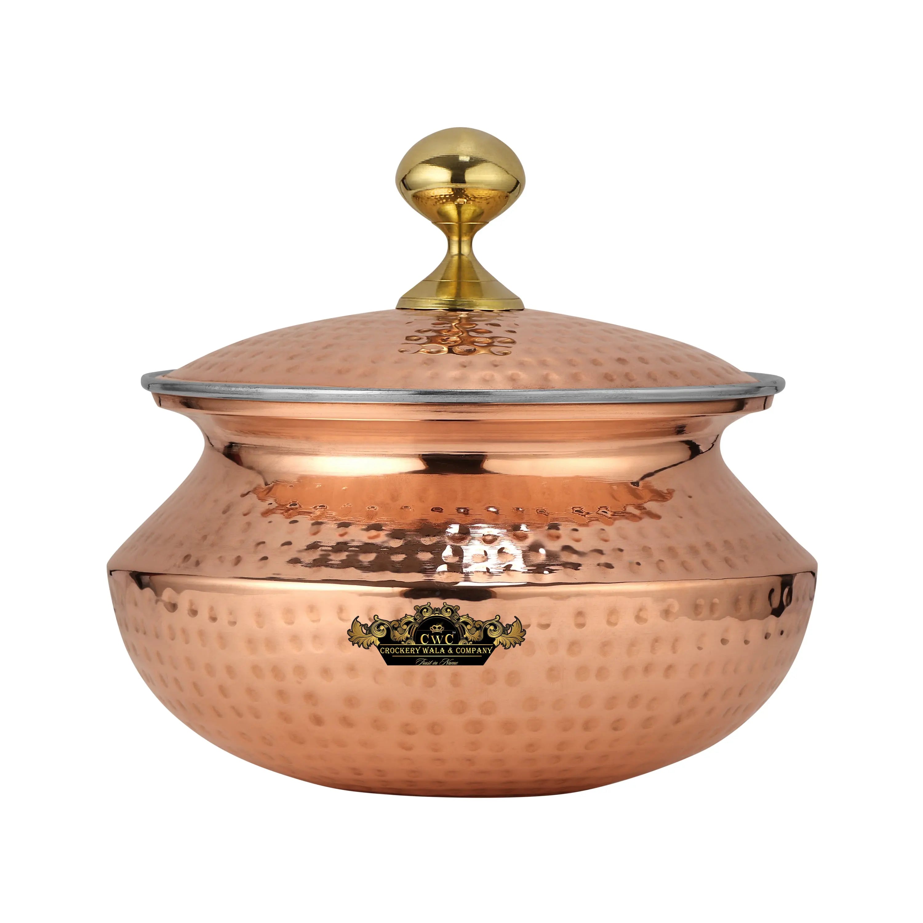 Pure copper patili handi for cooking meat and nahari with kalai inside and hammered finish with lid and premium quality CROCKERY WALA AND COMPANY