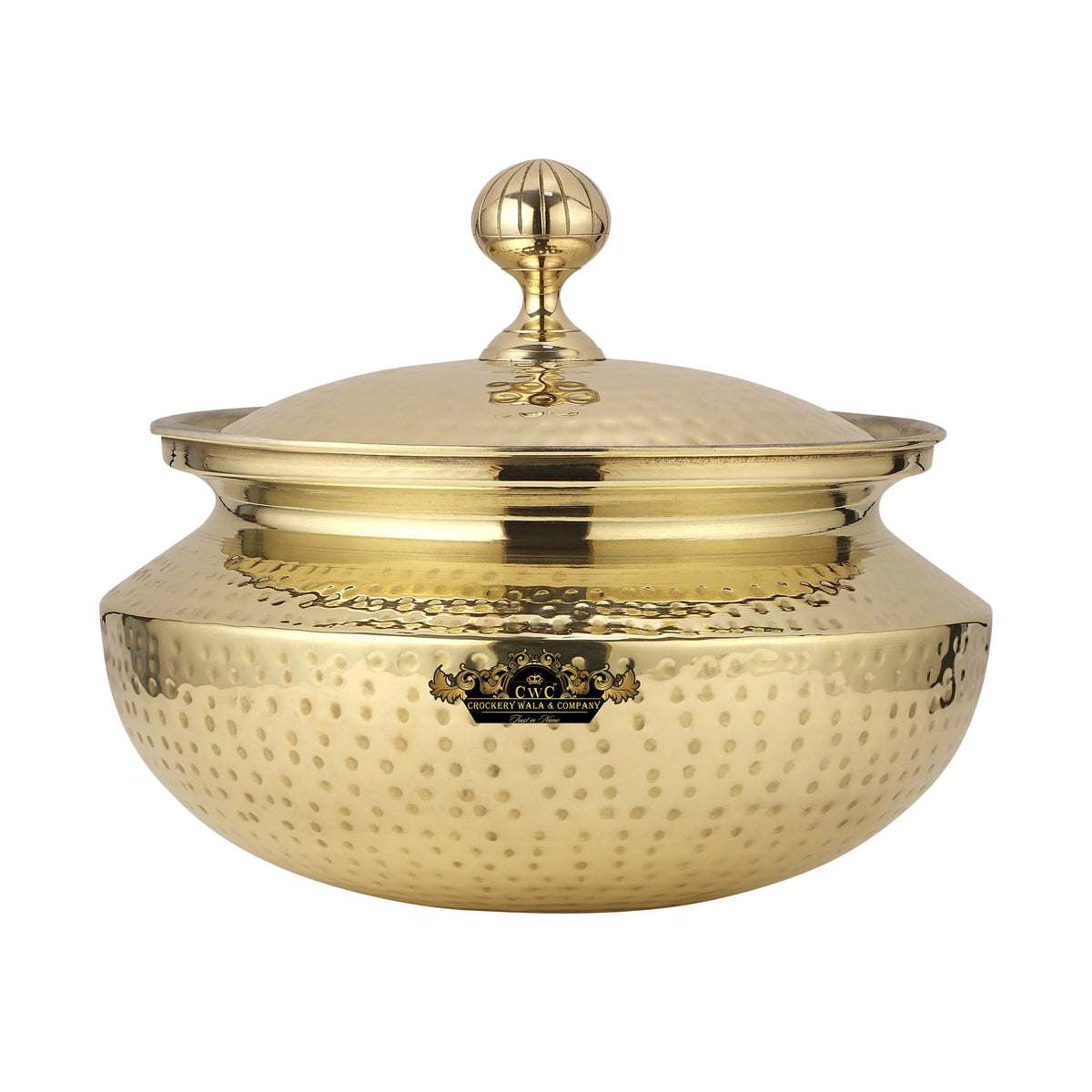 Pure brass patili handi for cooking meat, dal, nahari with kalai inside and hammered finish with lid and premium quality CROCKERY WALA AND COMPANY