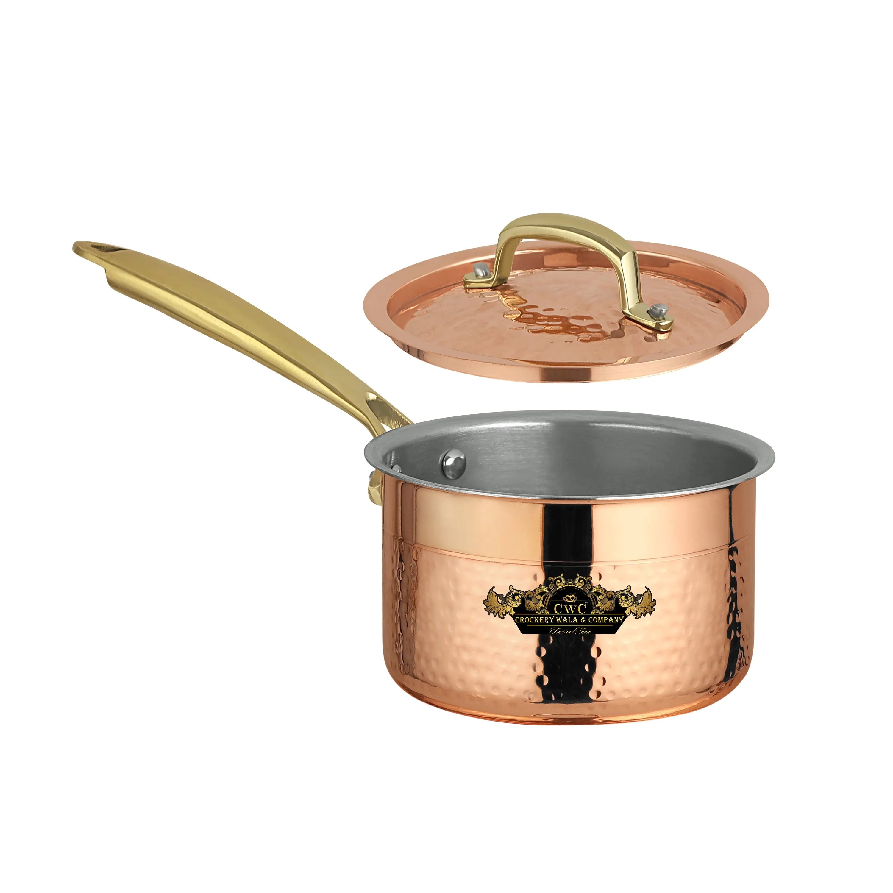 Pure copper sauce pan with kalai and lid hammered finish premium look CROCKERY WALA AND COMPANY