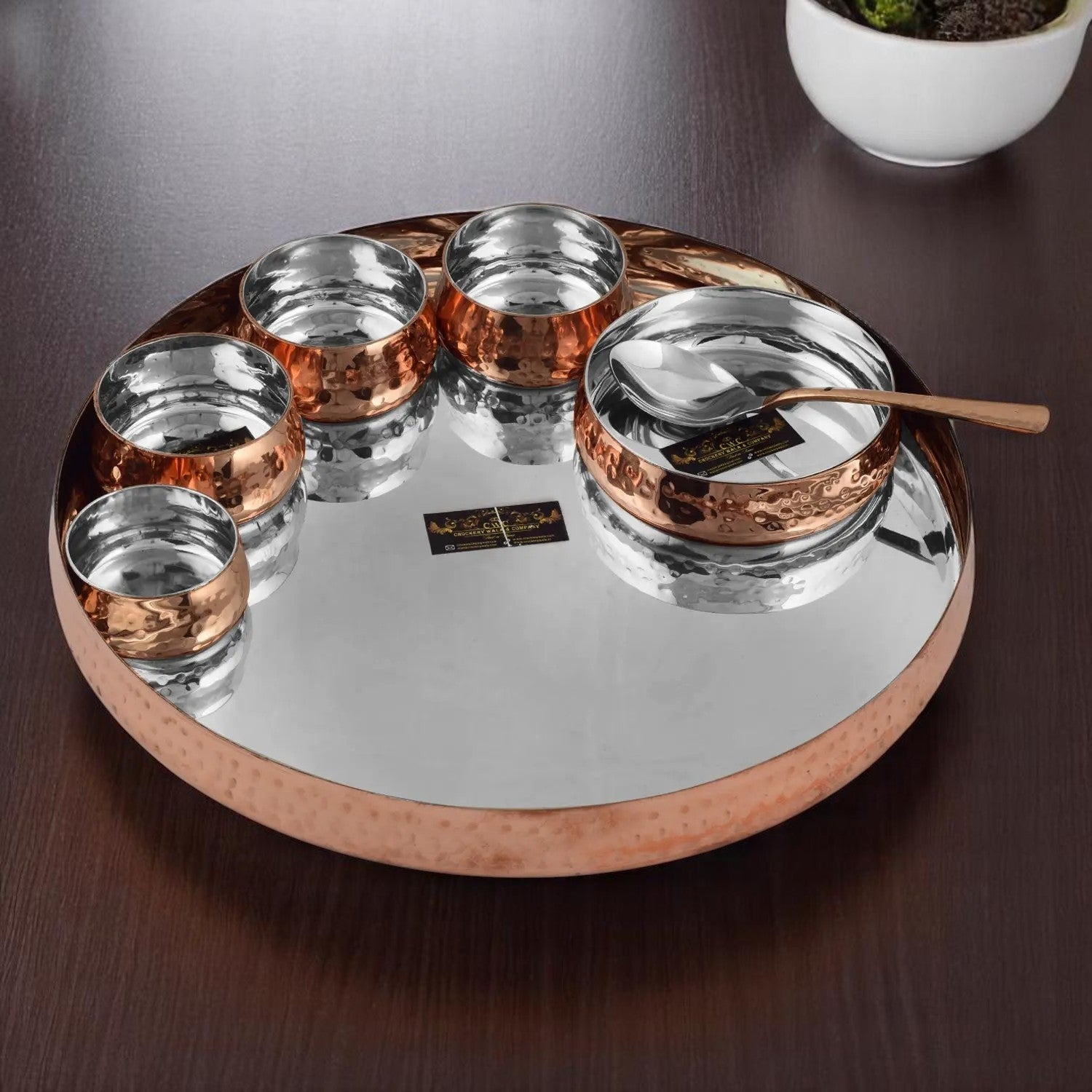 Steel Copper Curved HAMMERED Thali Set Royal 13" 8 Pcs - CROCKERY WALA AND COMPANY