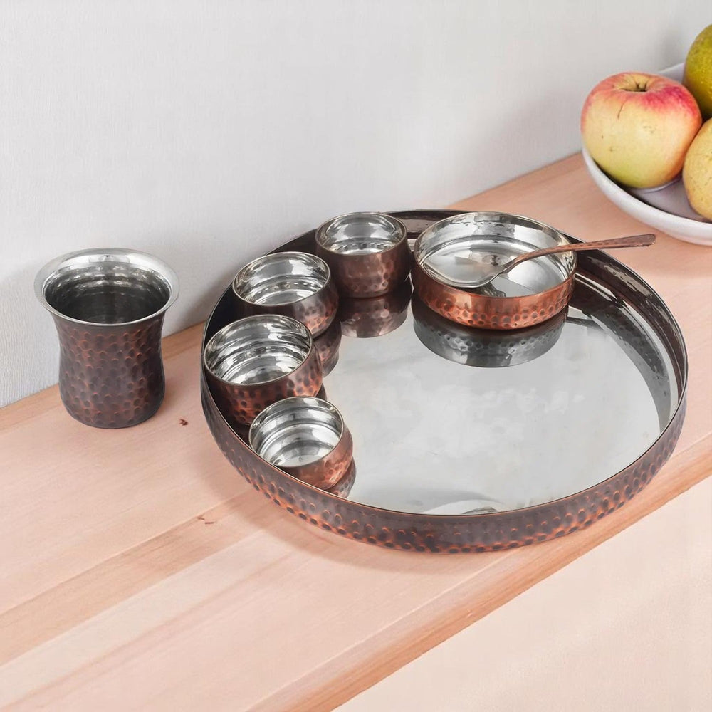 Steel Copper Thali Set Hammered Antique Finish Set Of 8 Pcs - CROCKERY WALA AND COMPANY