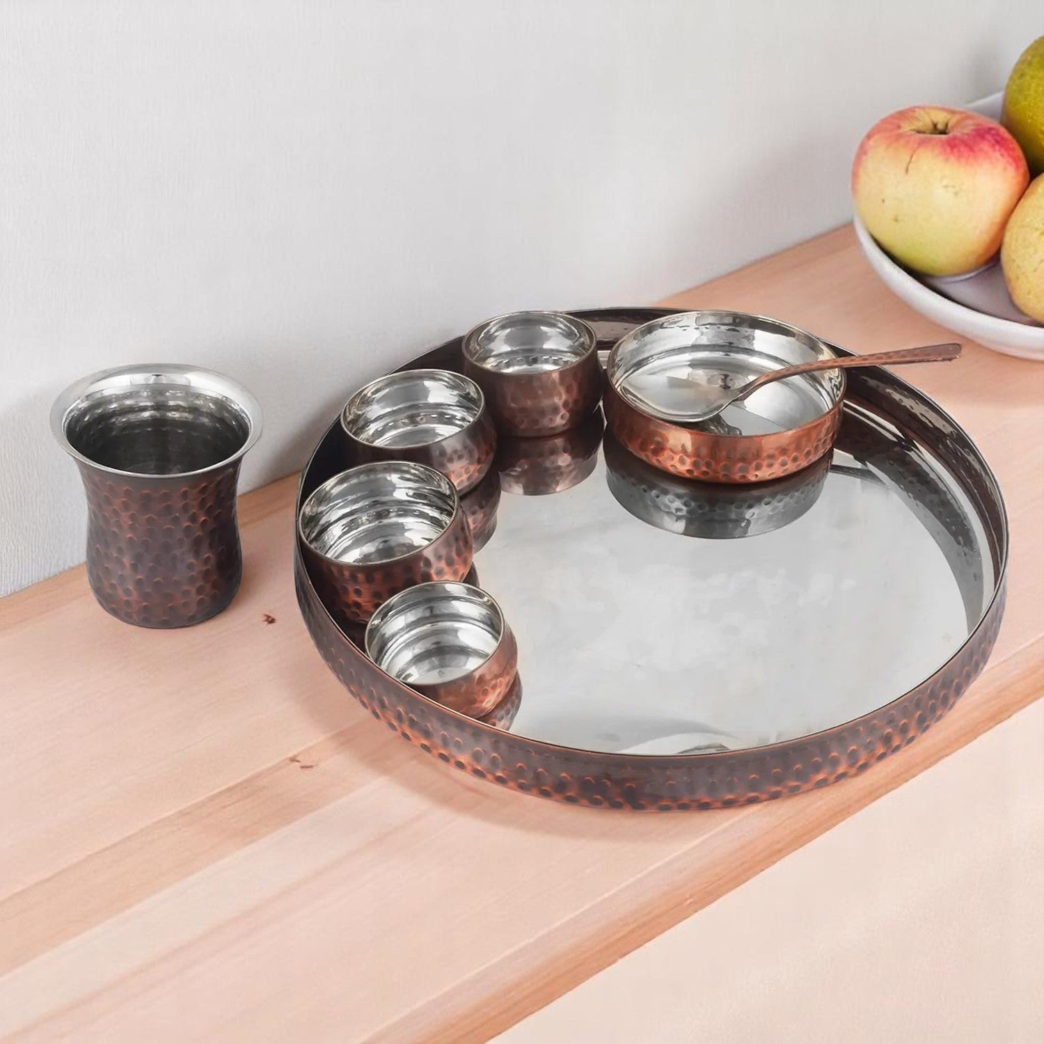 Steel Copper Thali Set Hammered Antique Finish Set Of 8 Pcs - CROCKERY WALA AND COMPANY