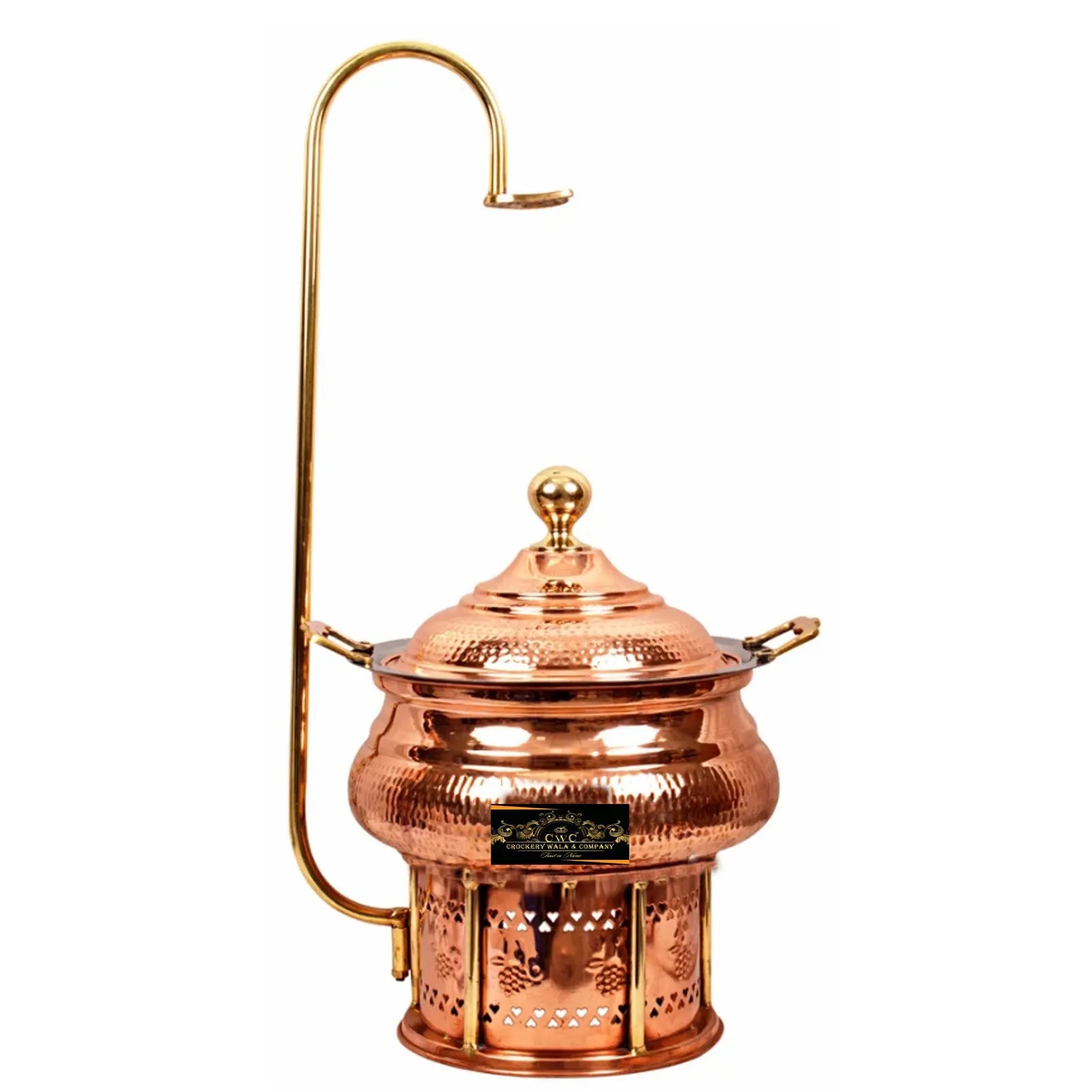 Crockery Wala And Company Copper Steel Chaffing Dish With Stand Hammered Design 6 Liters - CROCKERY WALA AND COMPANY 