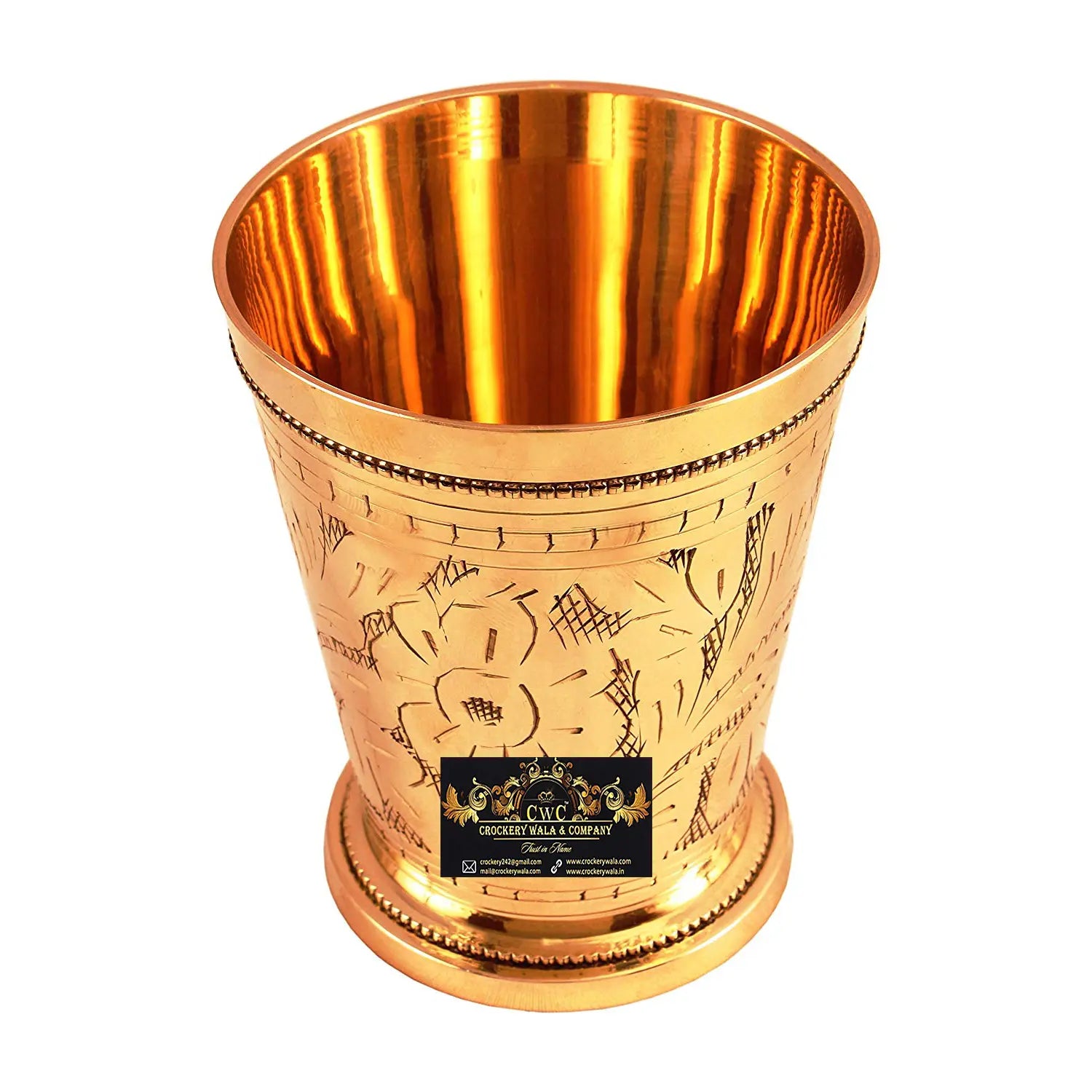 Crockery Wala And Company Handmade Brass Flower Design Julip Glass Tumbler Cup|Volume 400 ML|Serving Drinking Water Decorative Gift Item - CROCKERY WALA AND COMPANY 