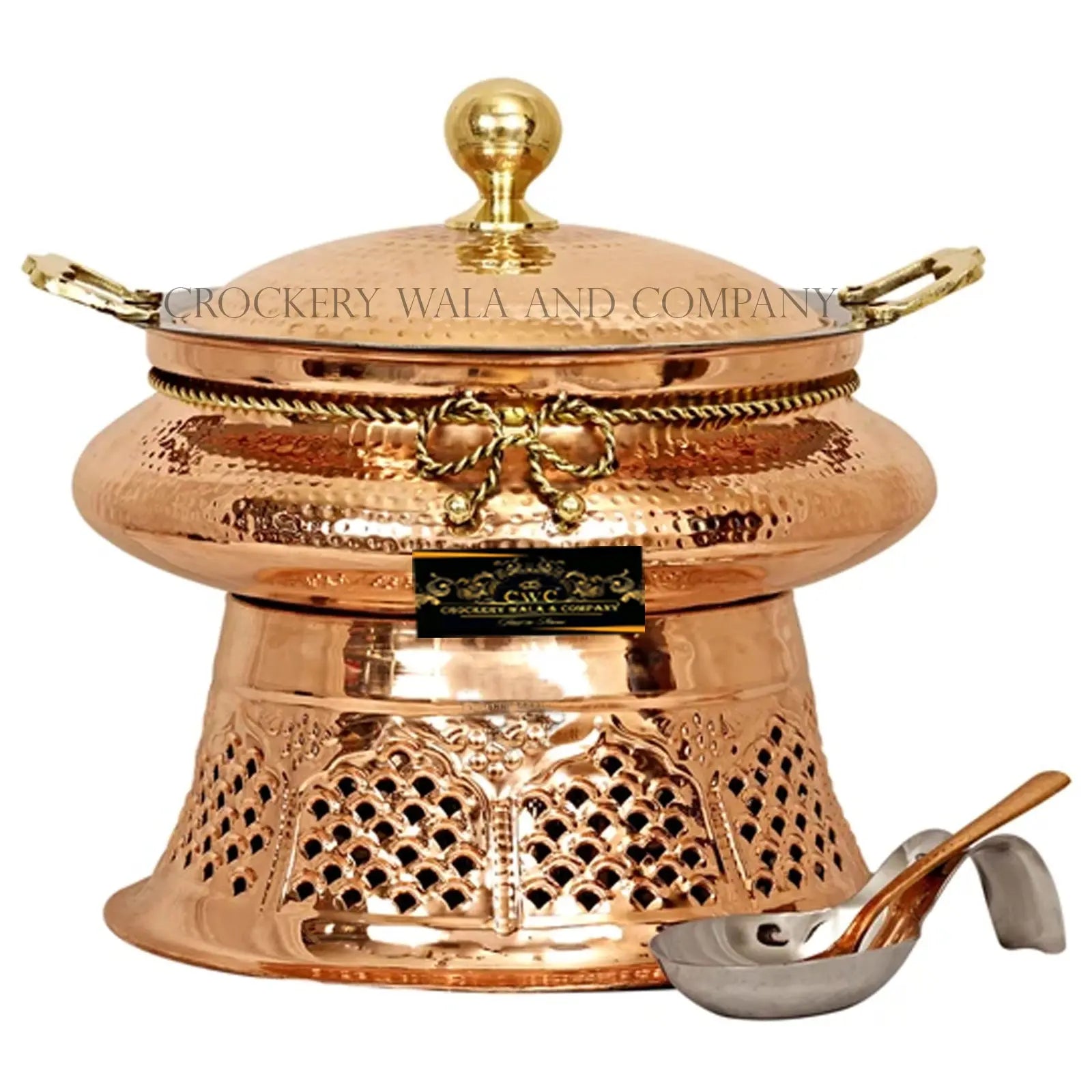 Crockery Wala And Company Copper Steel Chaffing Dish Hammered Design Chaffing Dish With Stand And Spoon 4 Liters - CROCKERY WALA AND COMPANY 