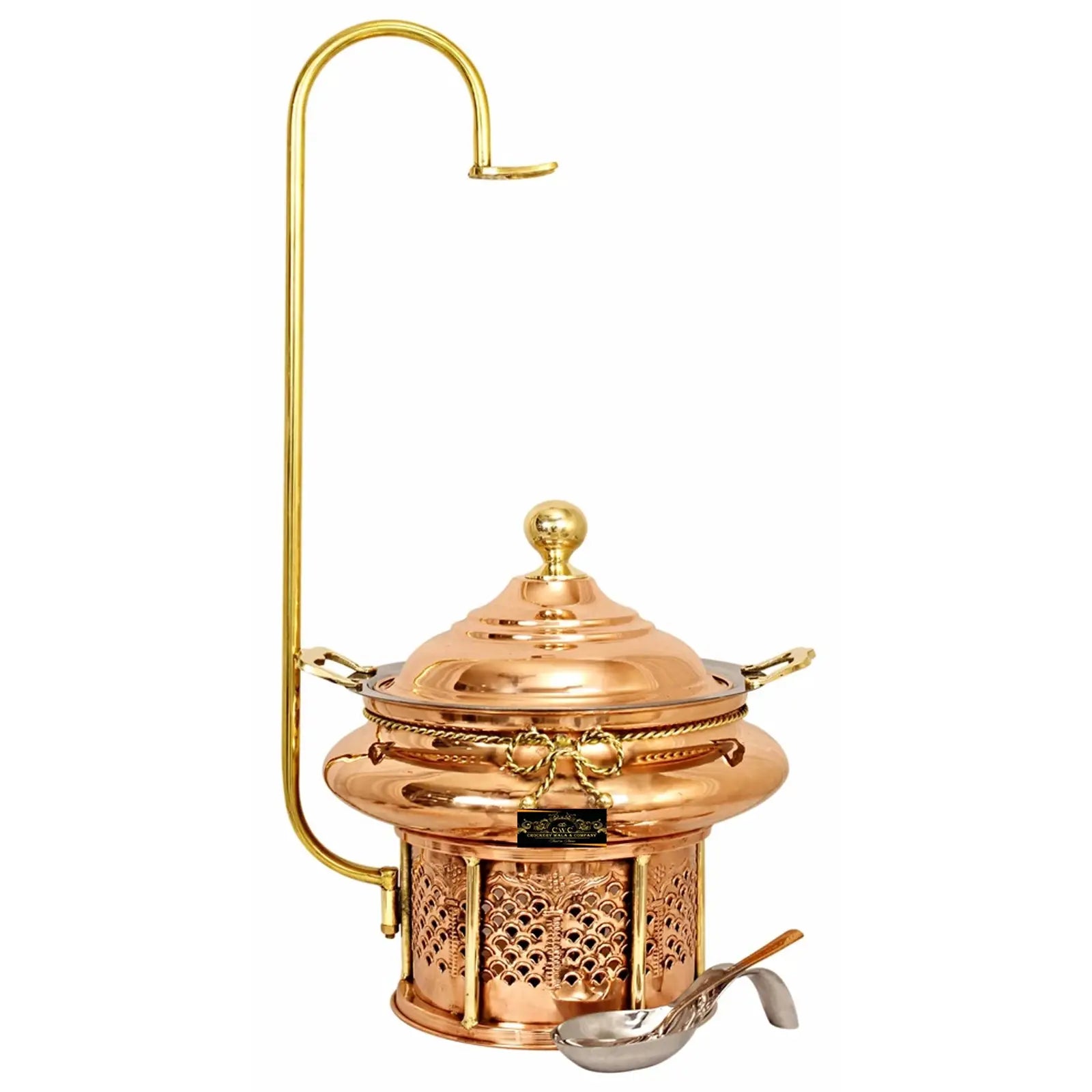 Crockery Wala And Company Copper Steel Chaffing Dish With Sigdi Stand Plain Solid Design With Brass Handles 4 Liters - CROCKERY WALA AND COMPANY 