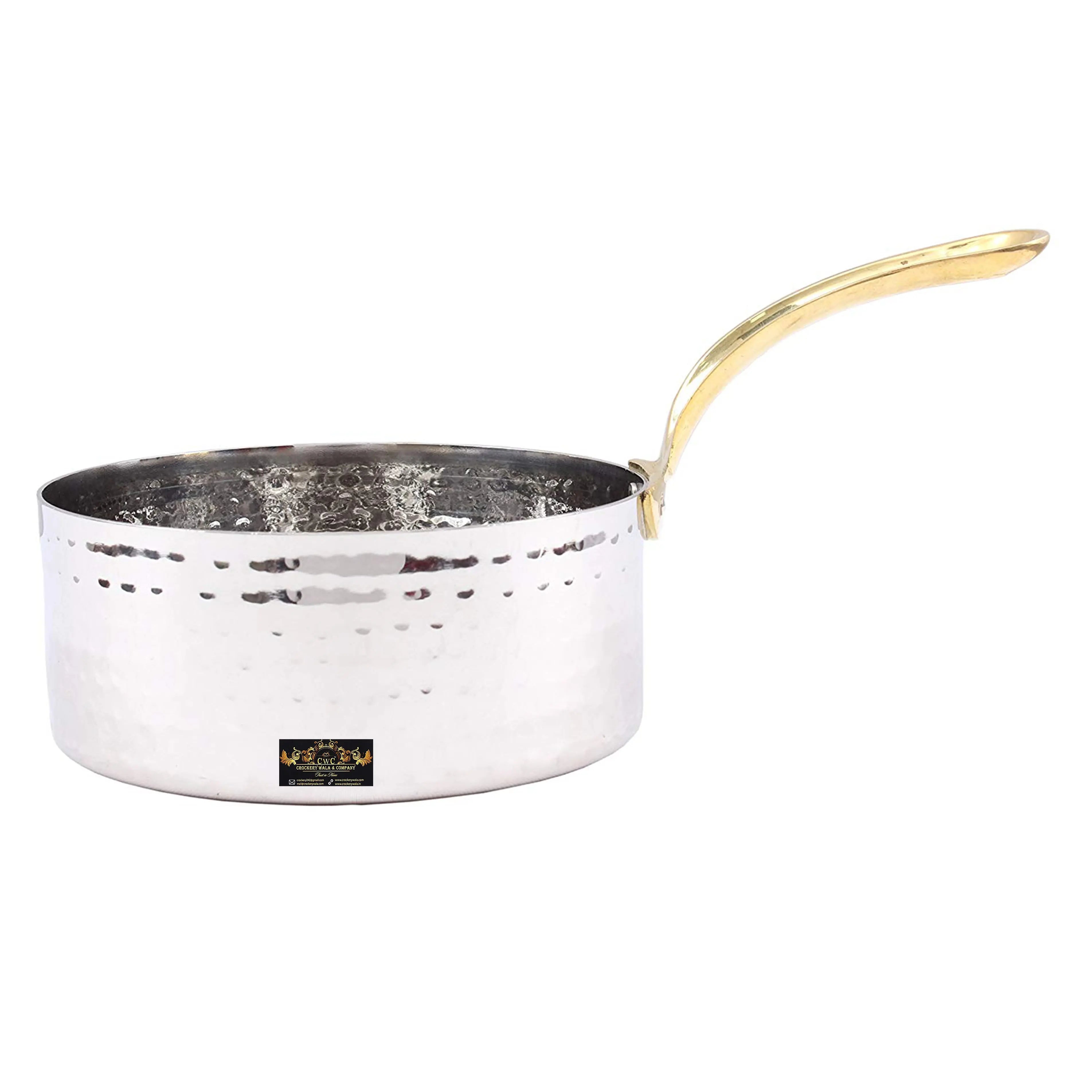 Crockery Wala & Company Silver Stainless Steel Fry Pan with Brass Handle (1000ml) - CROCKERY WALA AND COMPANY 