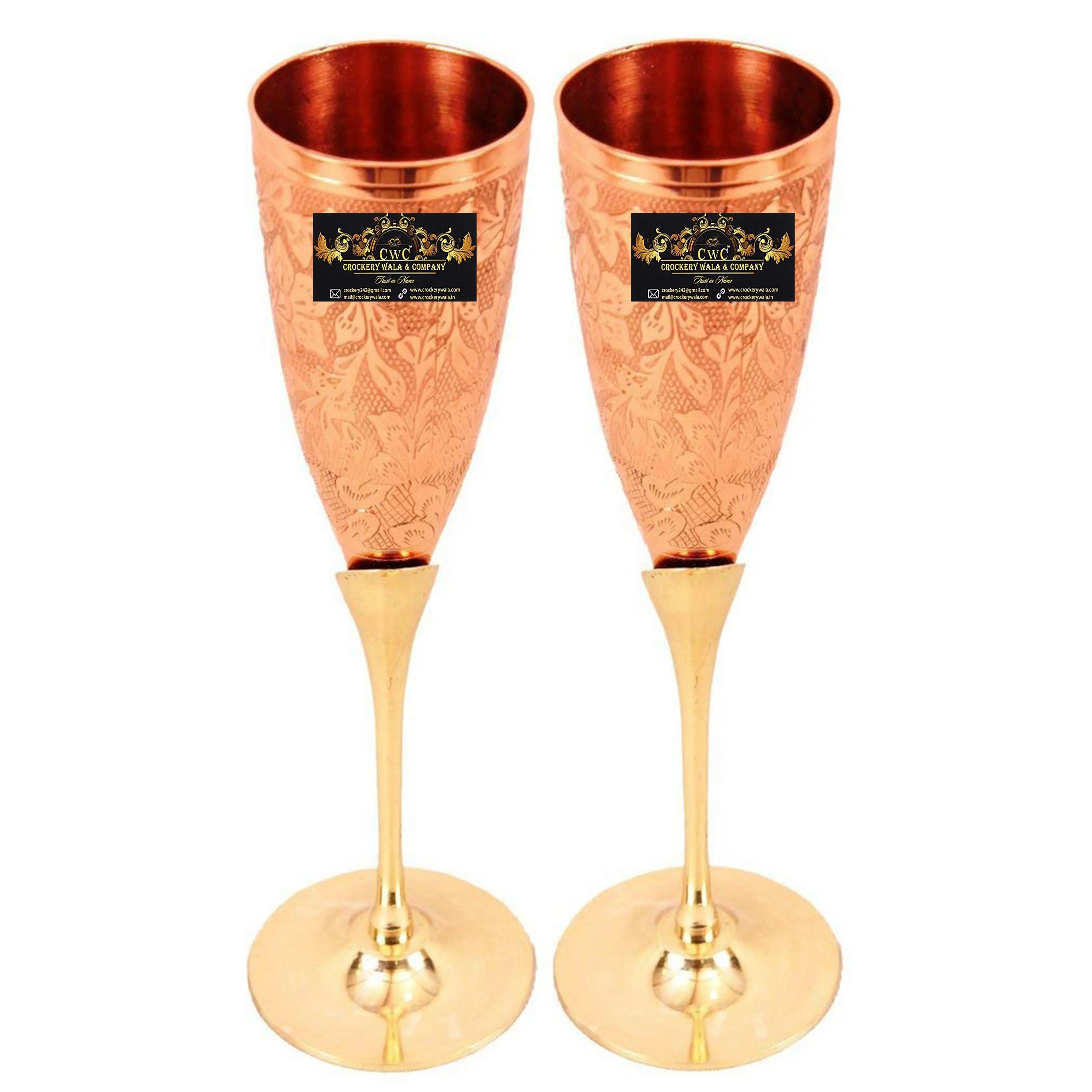 Pure Copper Champagne Flute Embossed Wine Glass For Drink & Parties Set of 2 Glass - CROCKERY WALA AND COMPANY 