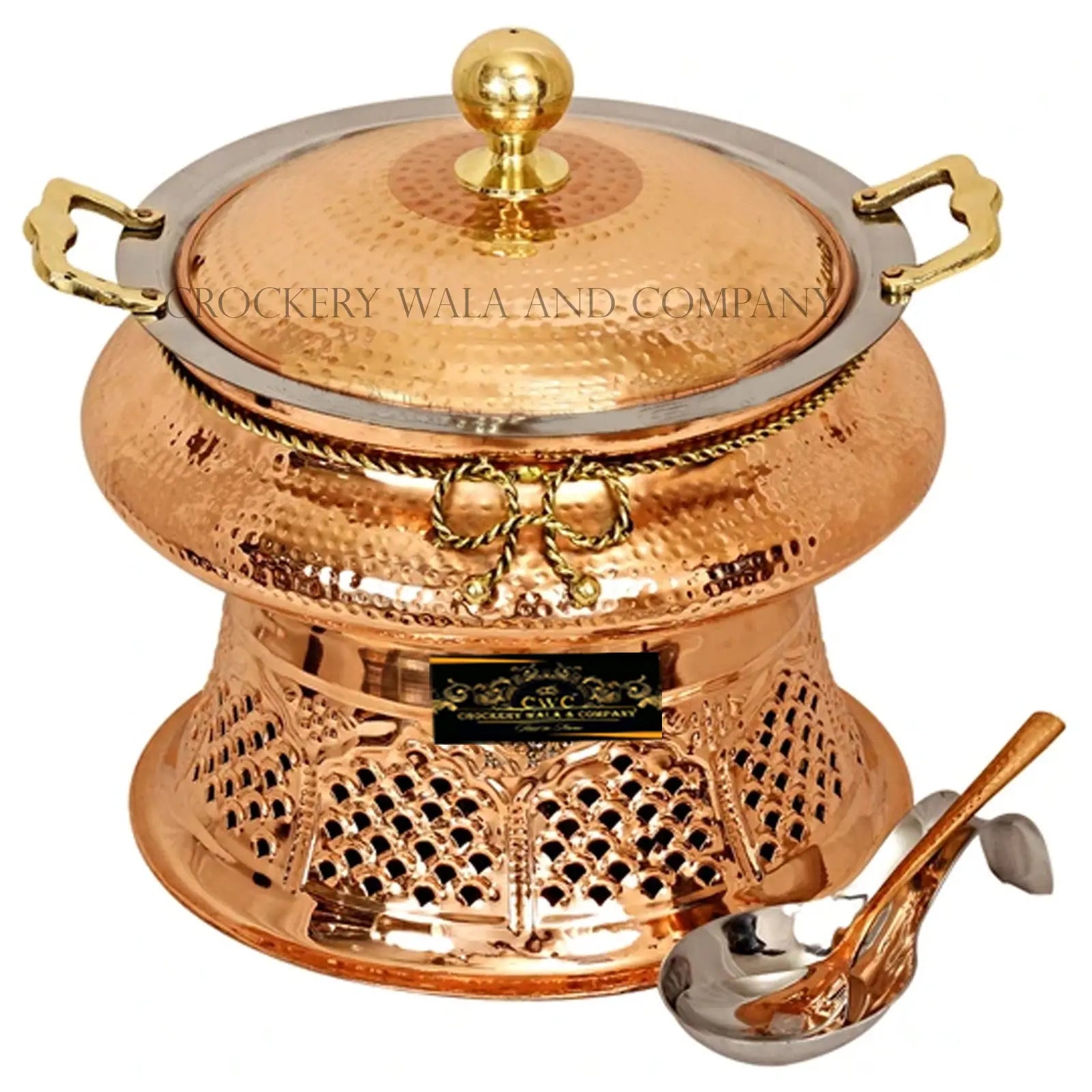 Crockery Wala And Company Copper Steel Chaffing Dish Hammered Design Chaffing Dish With Stand And Spoon 4 Liters - CROCKERY WALA AND COMPANY 
